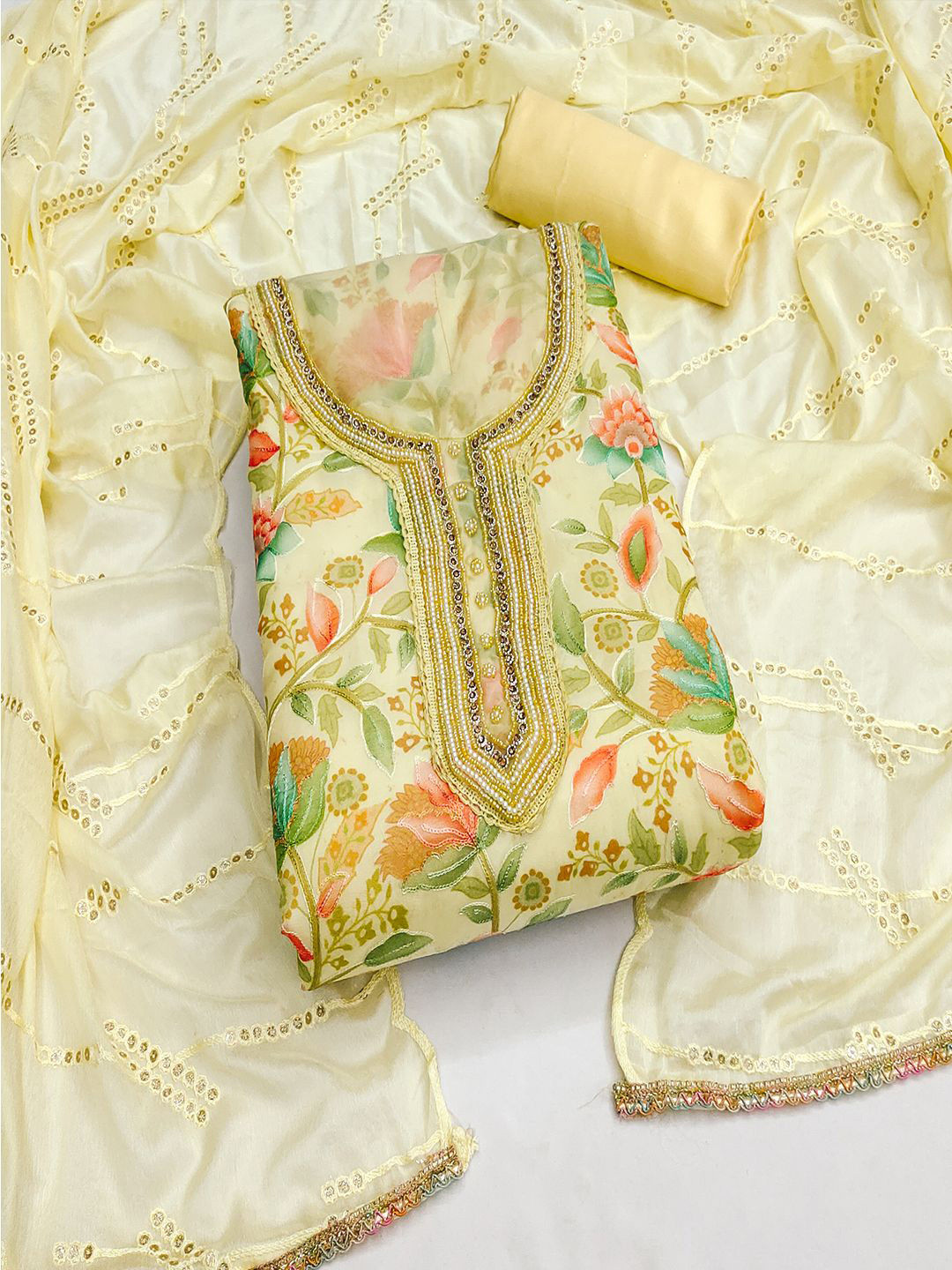 

Lilots Organza Unstitched Dress Material, Yellow