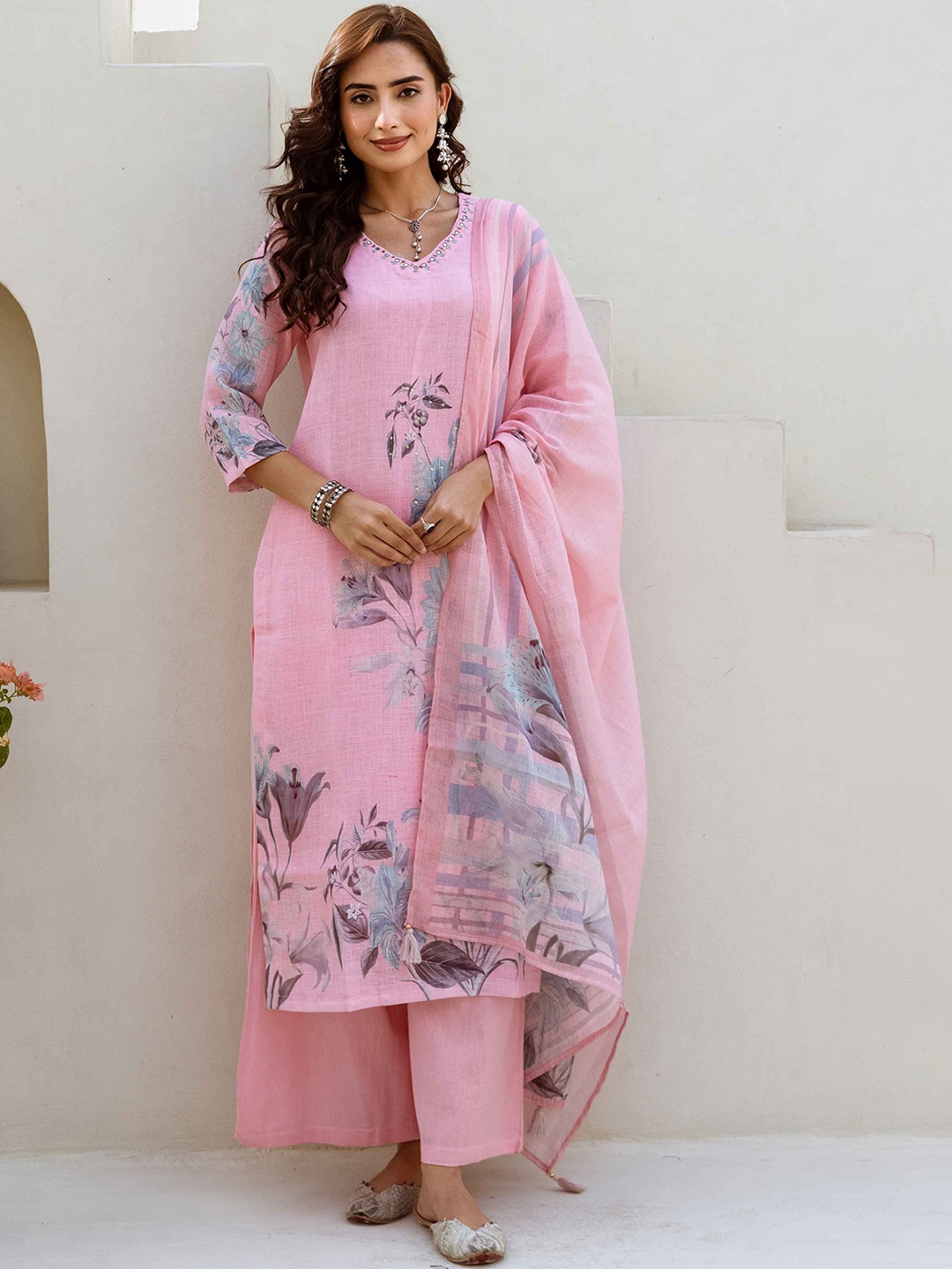 Nehamta Floral Printed Regular Mirror Work Linen Kurta with Palazzos & Dupatta, Pink