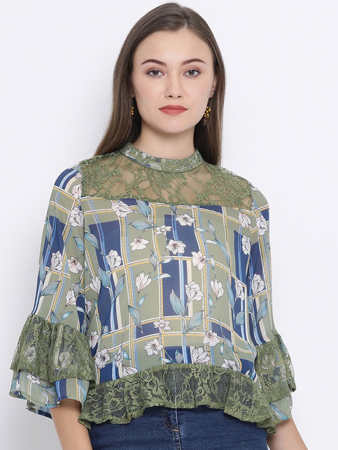 

Moda Elementi Women Floral Printed Bell Sleeve Top, Olive