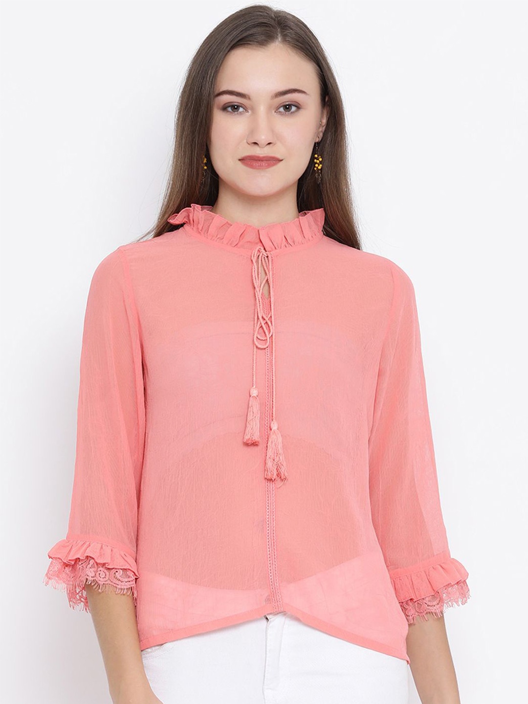 

Moda Elementi Mandarin Collar Shirt Style Top, Coral