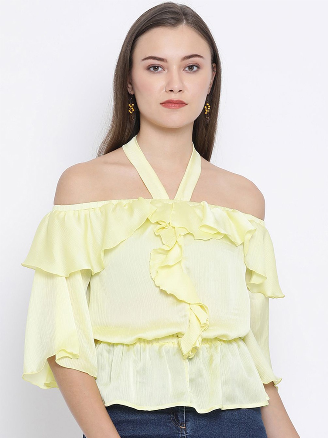 

Moda Elementi Women Flared Sleeve Bardot Top, Yellow