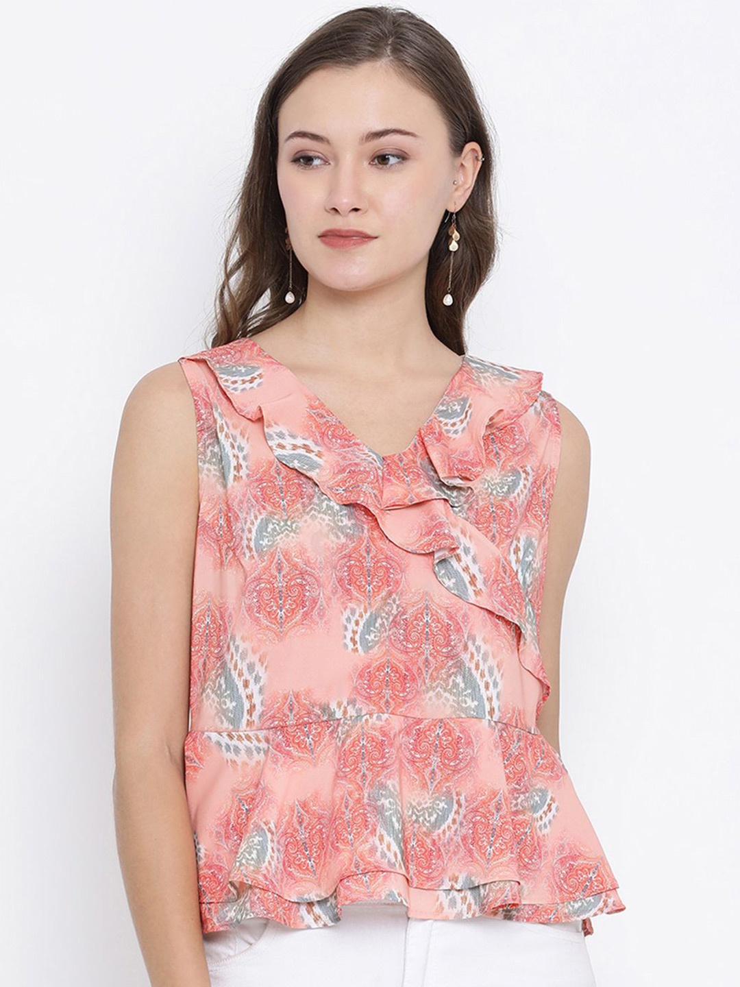 

Moda Elementi Women Printed V-Neck Sleeveless Wrap Top, Orange