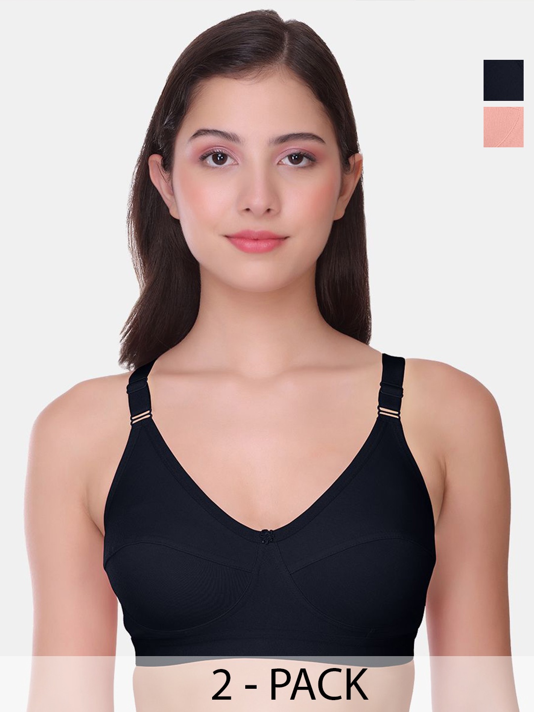 

POOJA RAGENEEWomen Pack of 2 Full Coverage Cotton Non Padded Tshirt Bra, Black