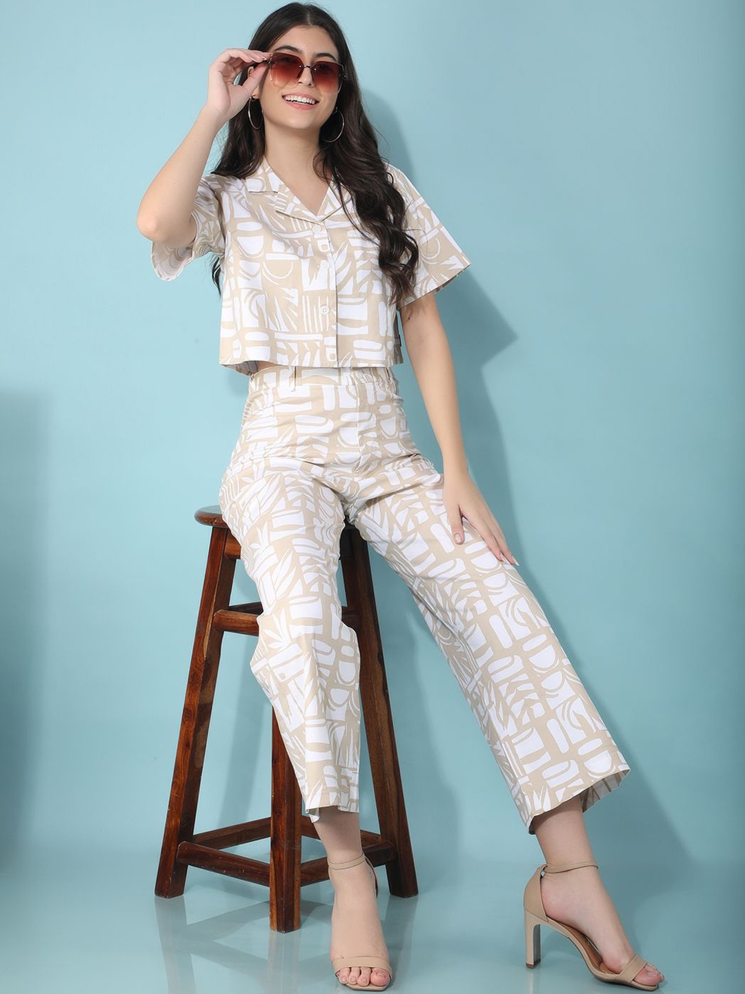 

Crimsoune Club Printed Pure Cotton Shirt With Trousers, Beige