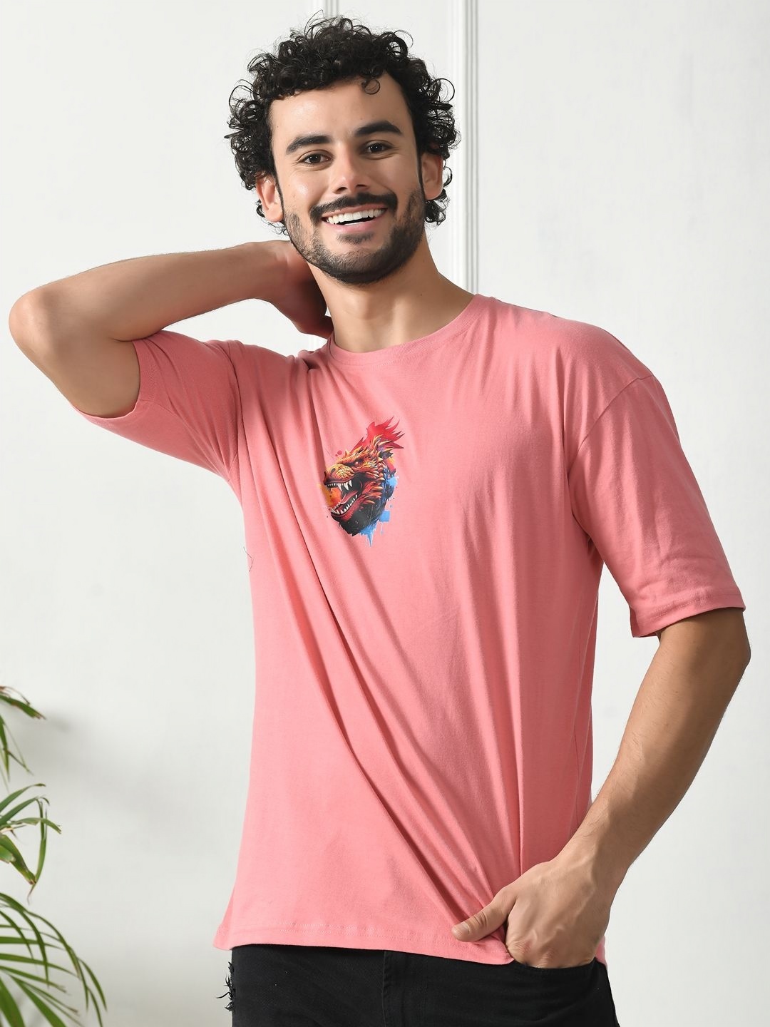 

FITINC Men Printed Bio Finish Raw Edge T-shirt, Peach