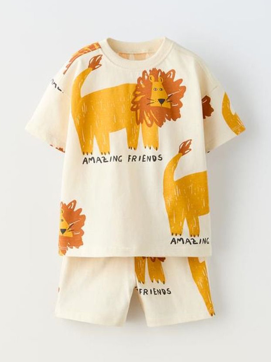 

Googo Gaaga Boys Printed Pure Cotton T-shirt With Shorts, Cream
