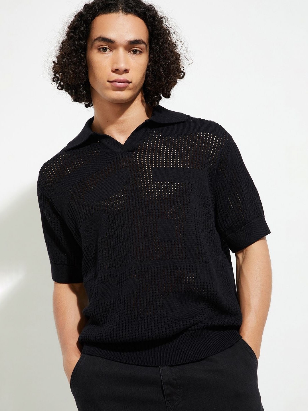 

max URB_N Men Oversized Lazer Cut Polo T-shirt, Black