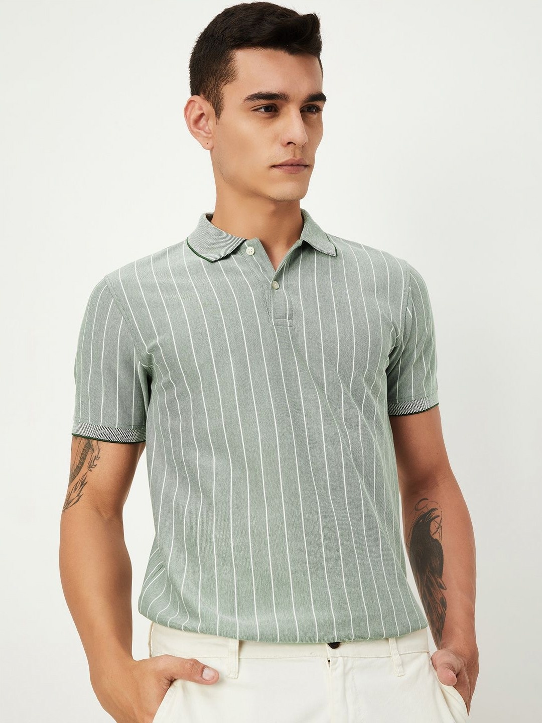 

max Men Striped Polo Collar Drop-Shoulder Sleeves Pockets T-shirt, Green