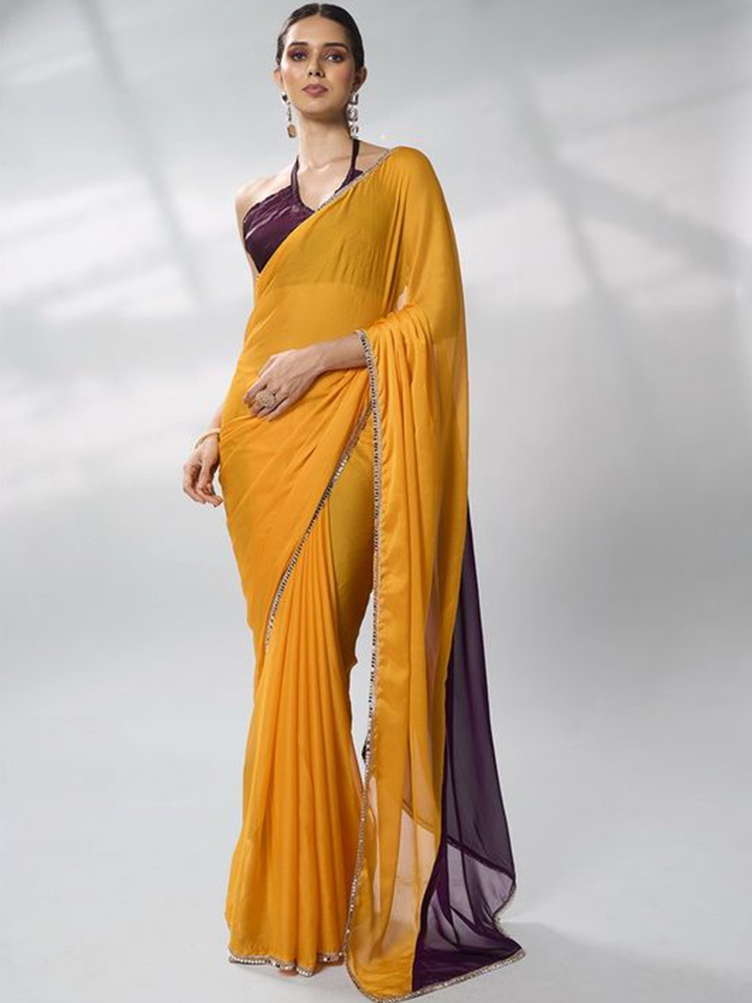 

Mitera Colourblocked Mirror Work Pure Chiffon Saree, Mustard
