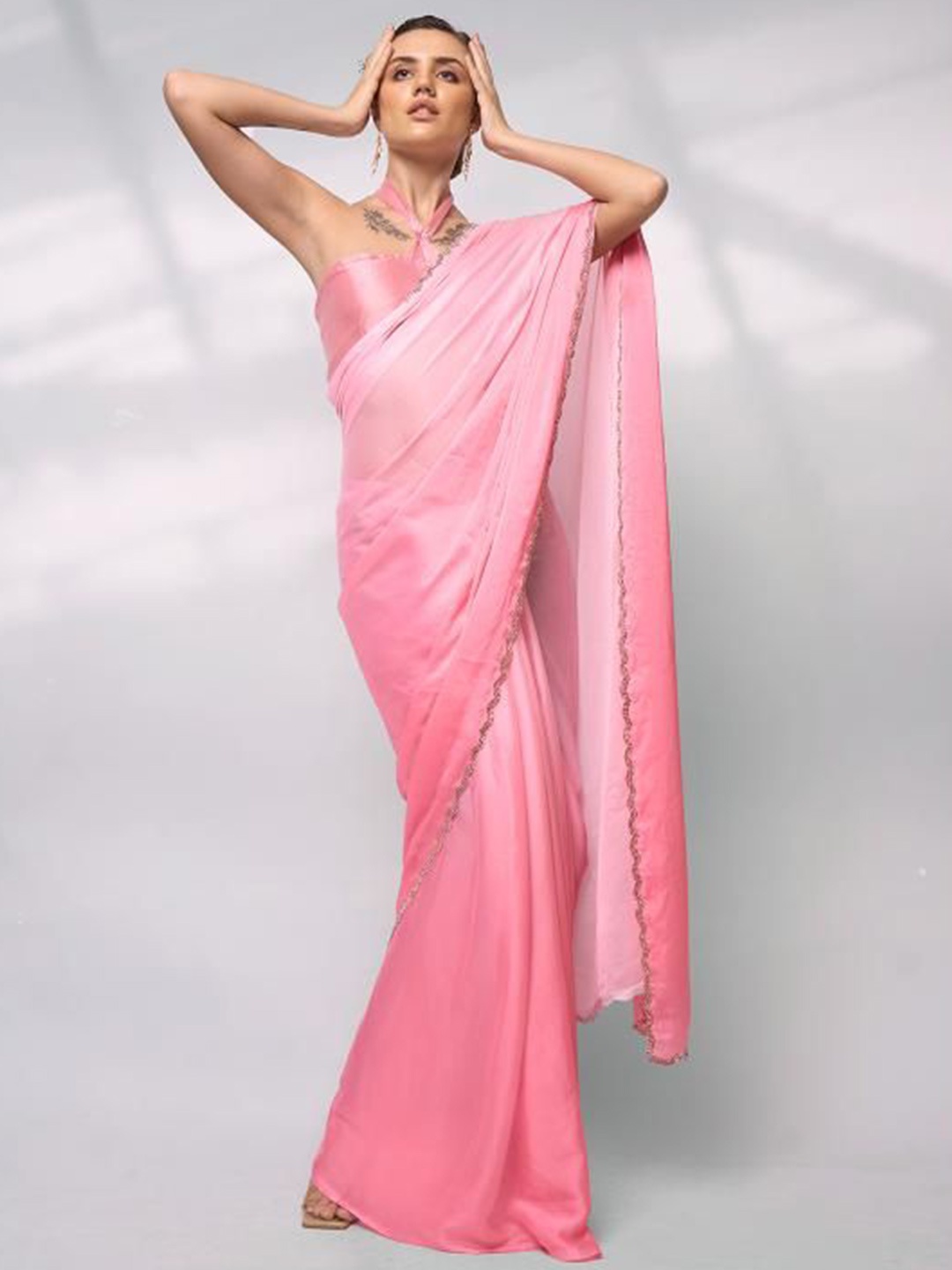 

Mitera Beads & Stones Ombre Satin Saree, Pink