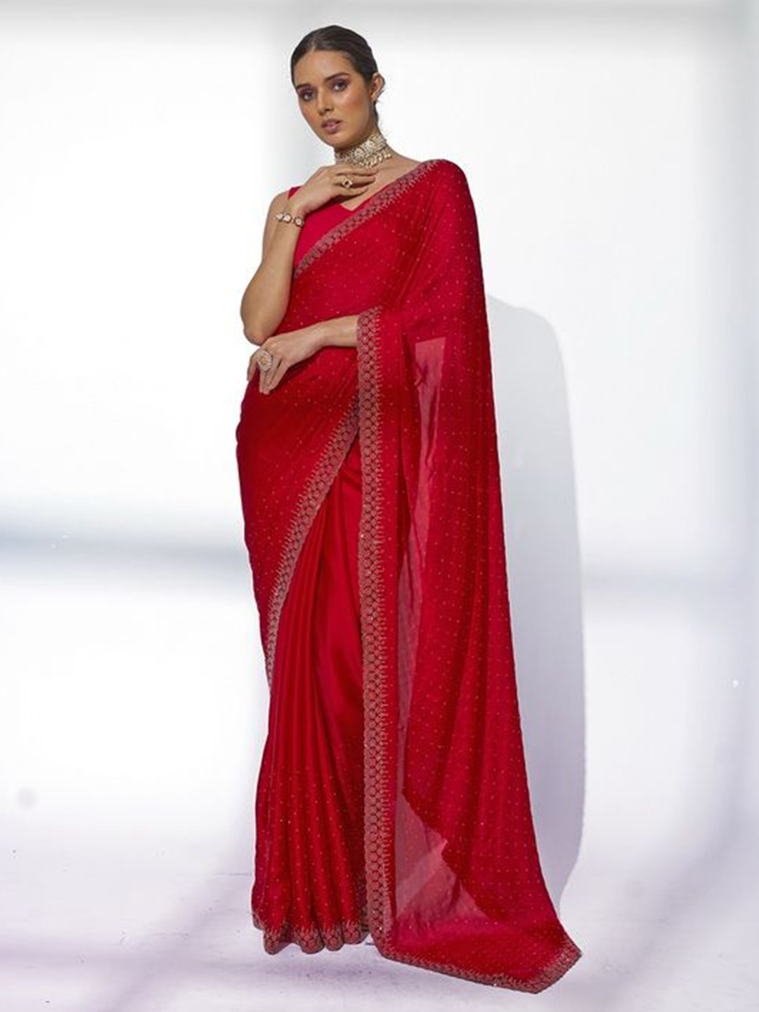 

Mitera Embellished Beads and Stones Satin Saree, Red