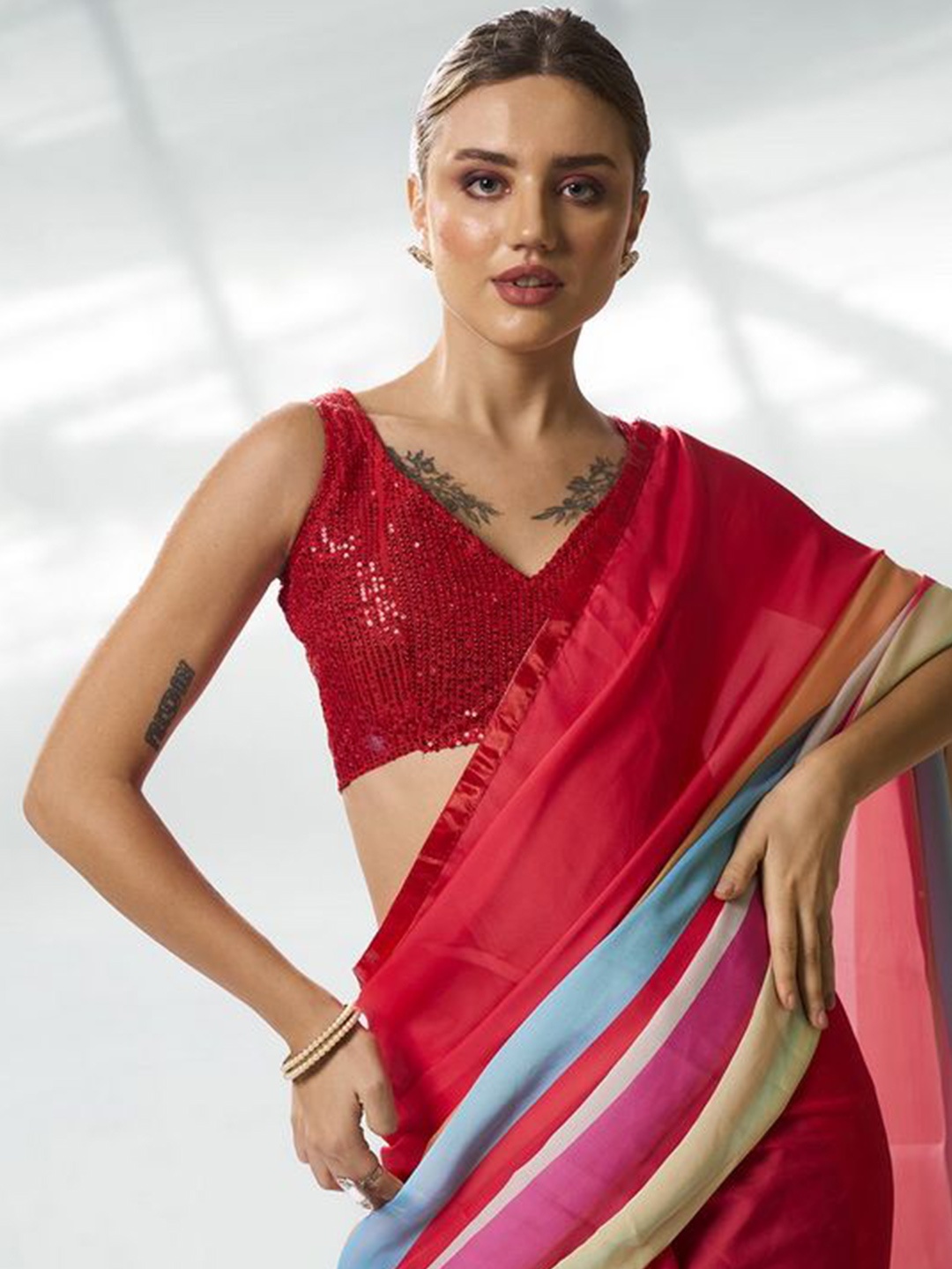 

Mitera Striped Satin Saree, Red