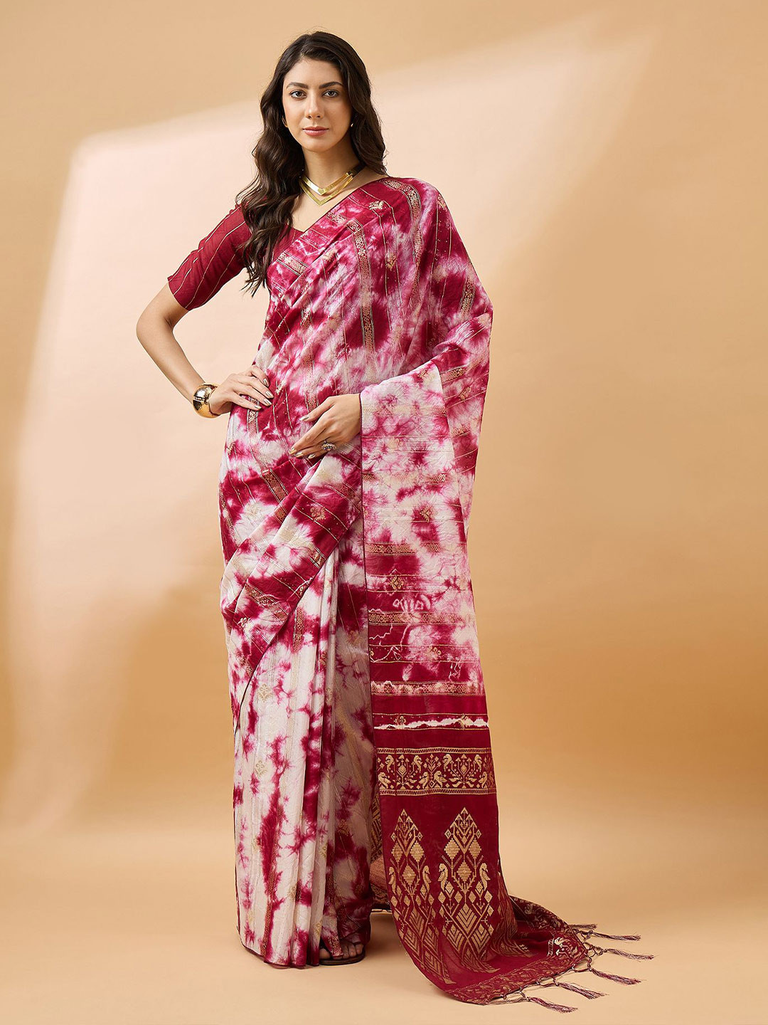 

MAHALASA Tie and Dye Zari Woven Kanjeevaram Saree, Pink