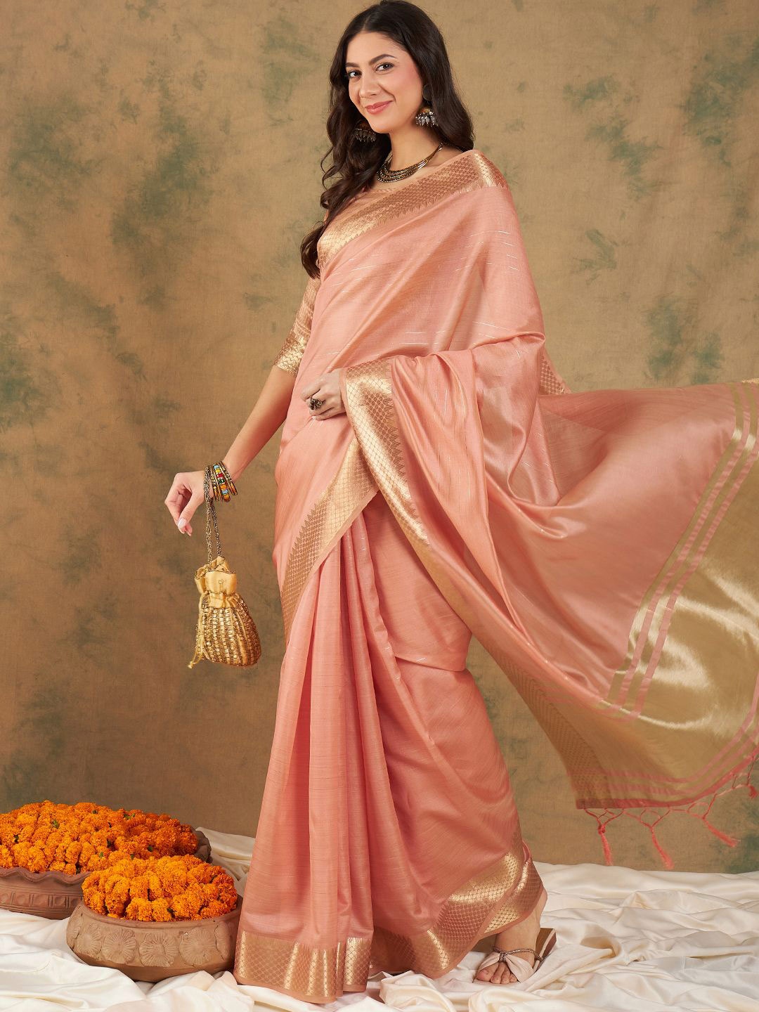 

MAHALASA Zari Wooven Kanjeevaram Saree, Peach