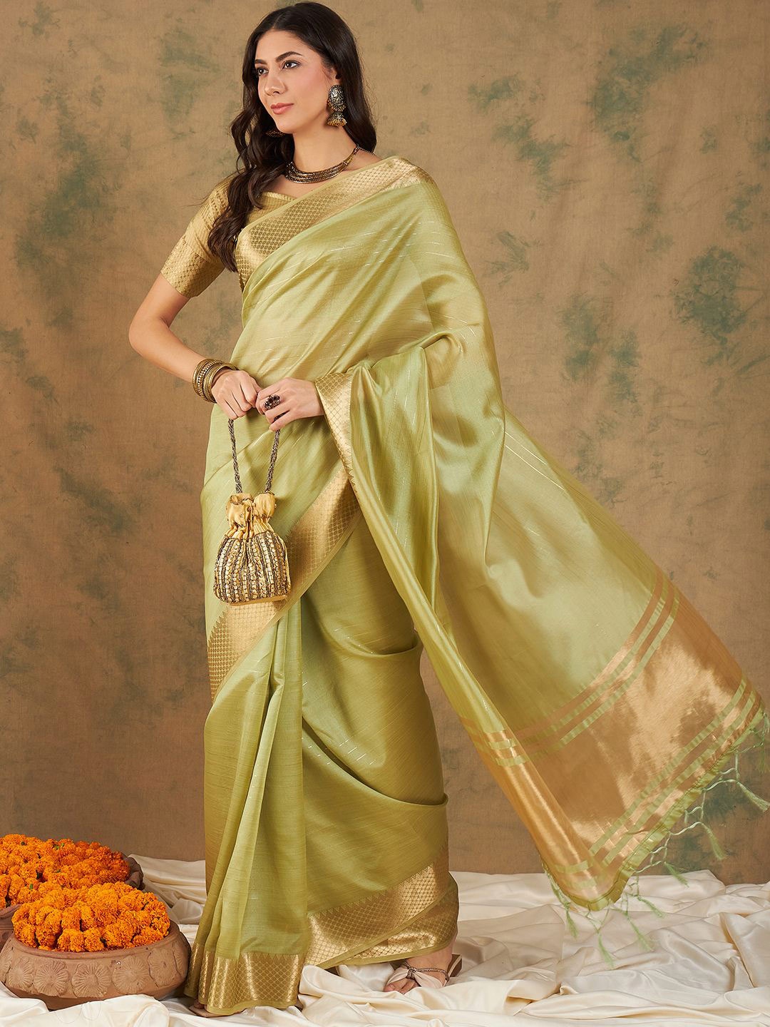 

MAHALASA Zari Woven Kanjeevaram Saree, Olive