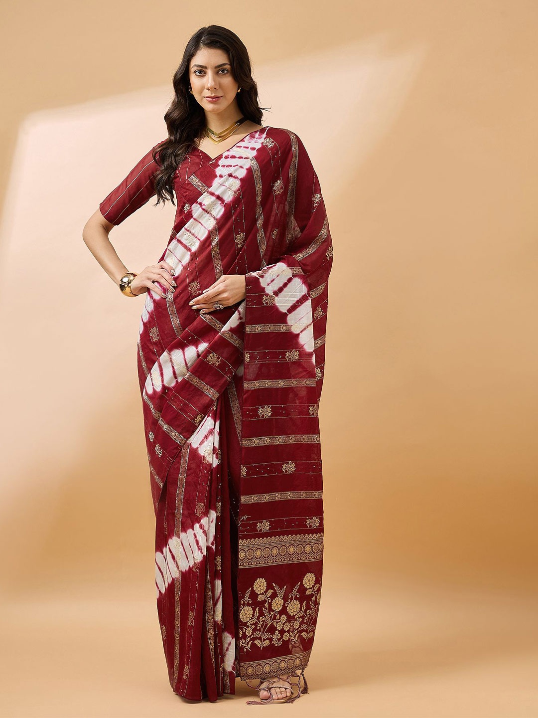 

MAHALASA Tie and Dye Zari Kanjeevaram Saree, Maroon