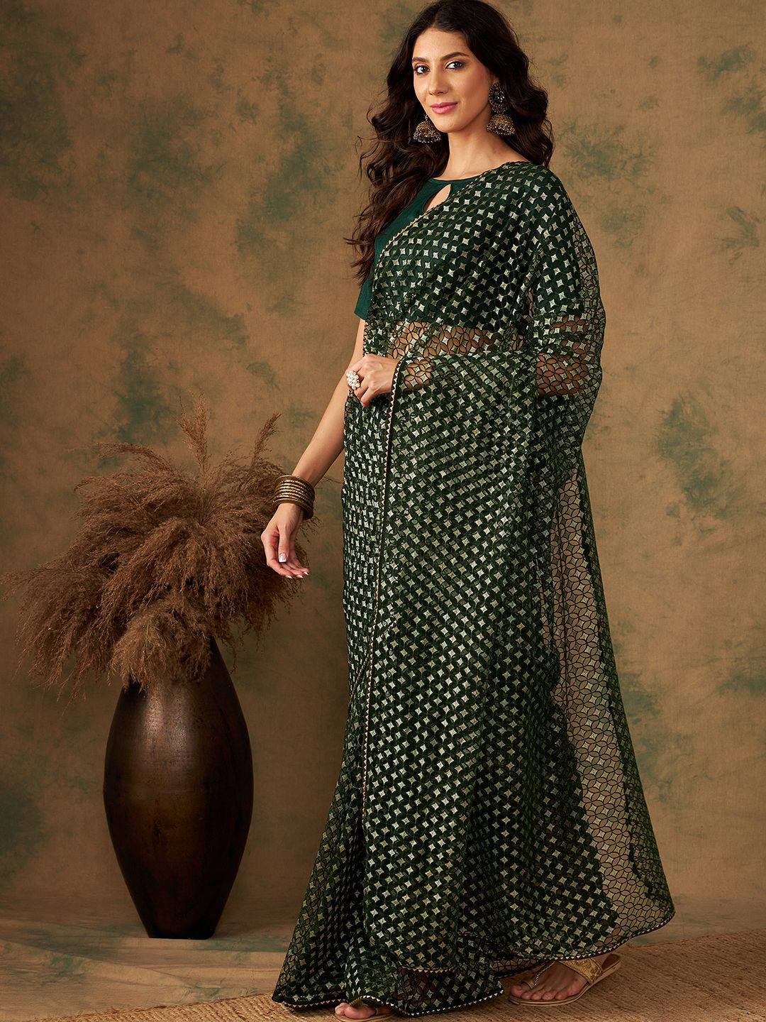 

MAHALASA Geometric Zari Woven Kanjeevaram Saree, Green