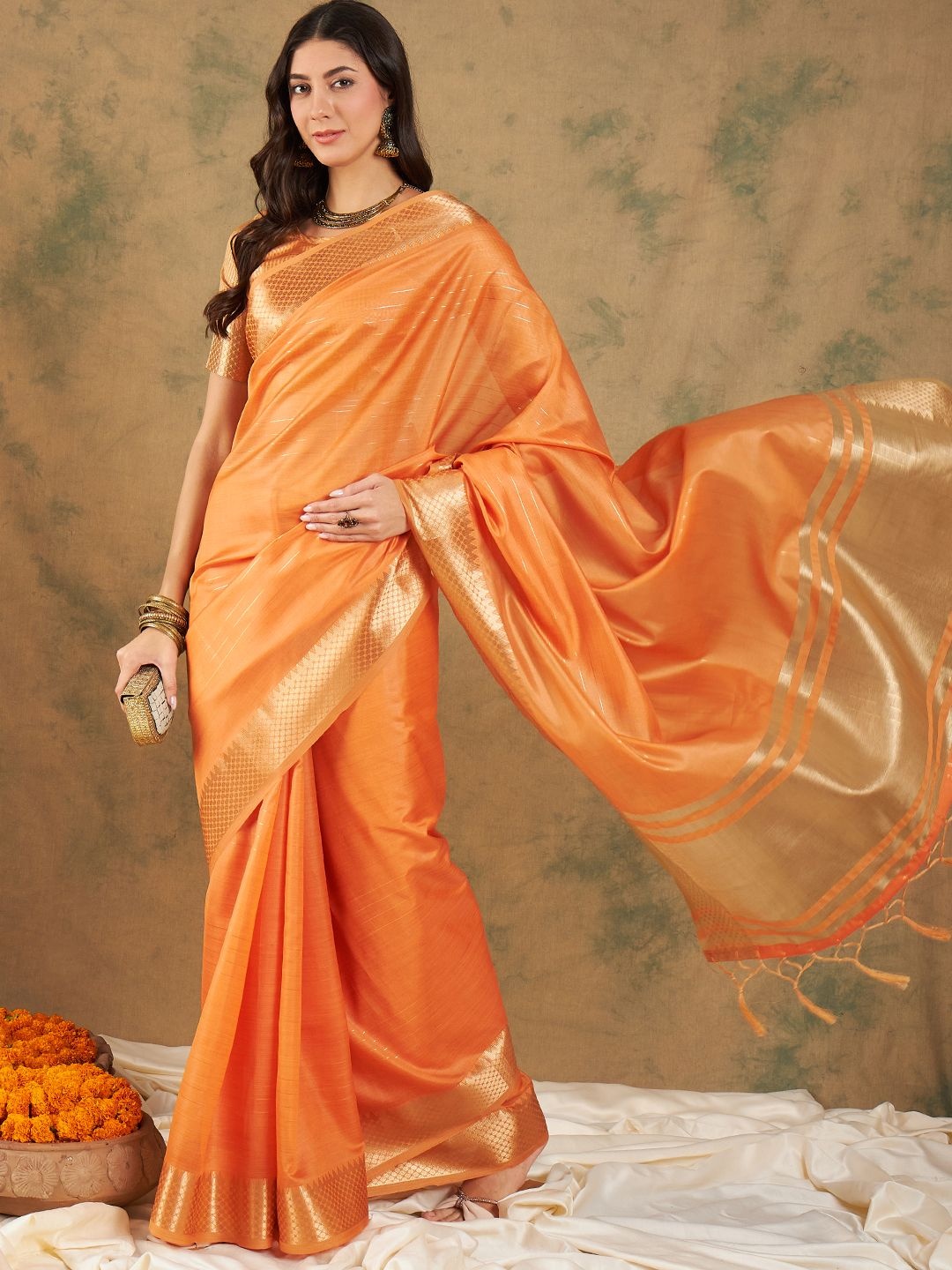 

MAHALASA Striped Zari Woven Kanjeevaram Saree, Orange