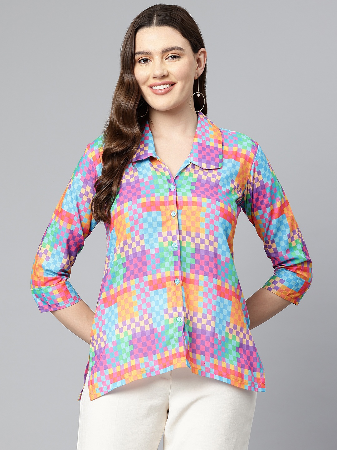 

One Femme Smart Checked Cotton Cambric Casual Shirt, Multi