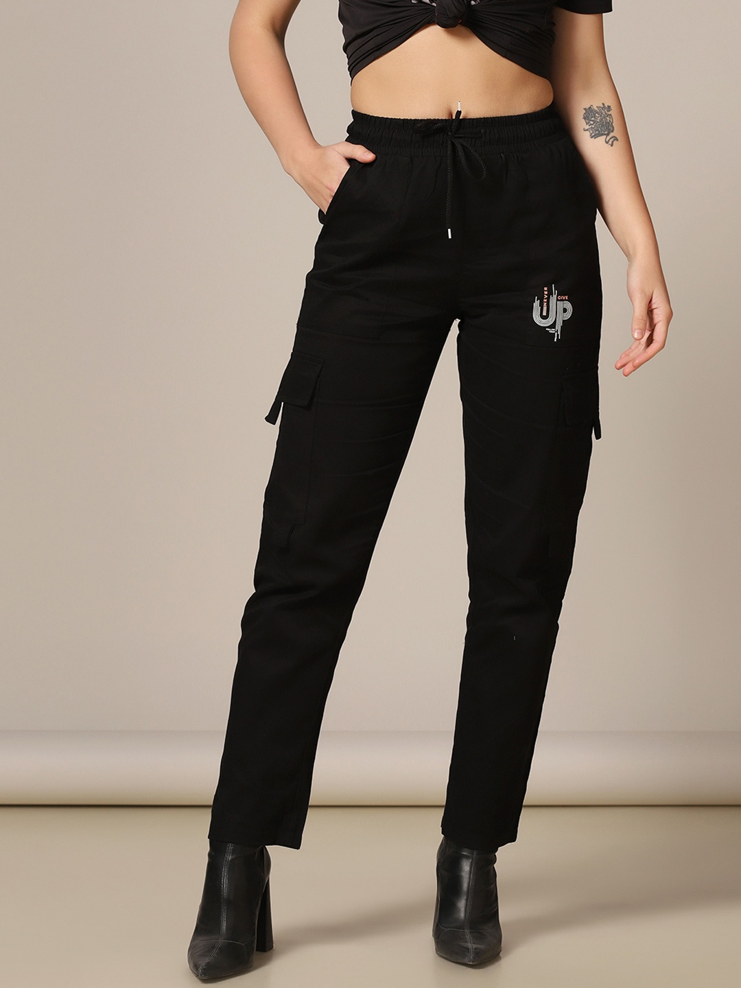 

TAGDO Women Slim Fit Cargos Trousers, Black