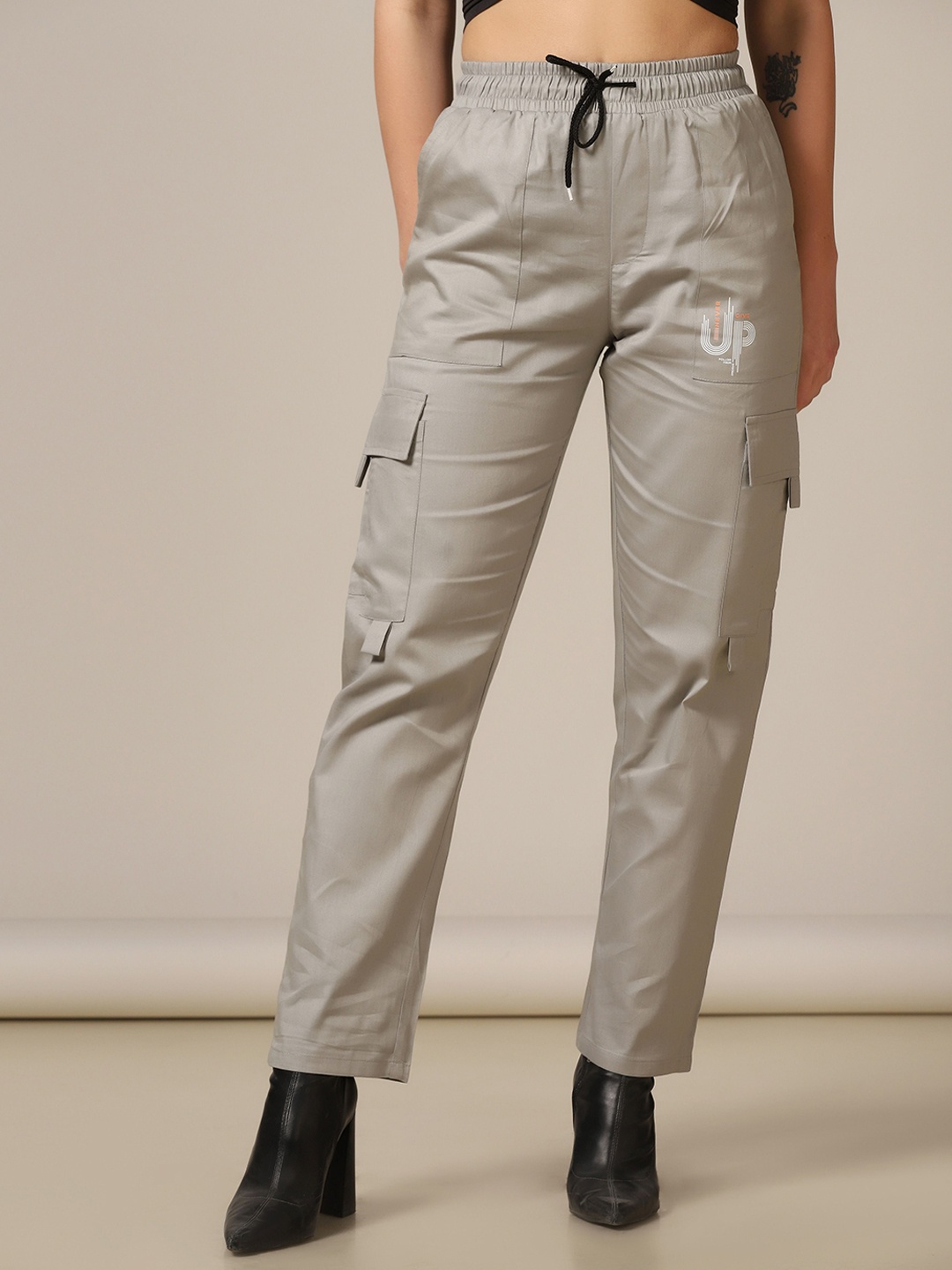 

TAGDO Women Slim Fit High-Rise Cargos Trousers, Silver