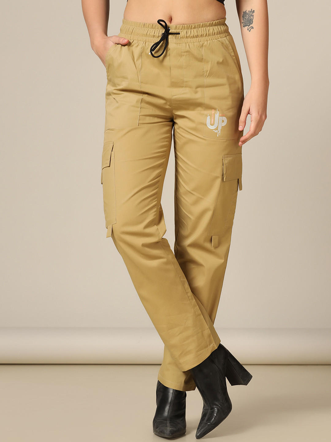 

TAGDO Women Slim Fit Mid-Rise Cotton Cargos Trousers, Gold