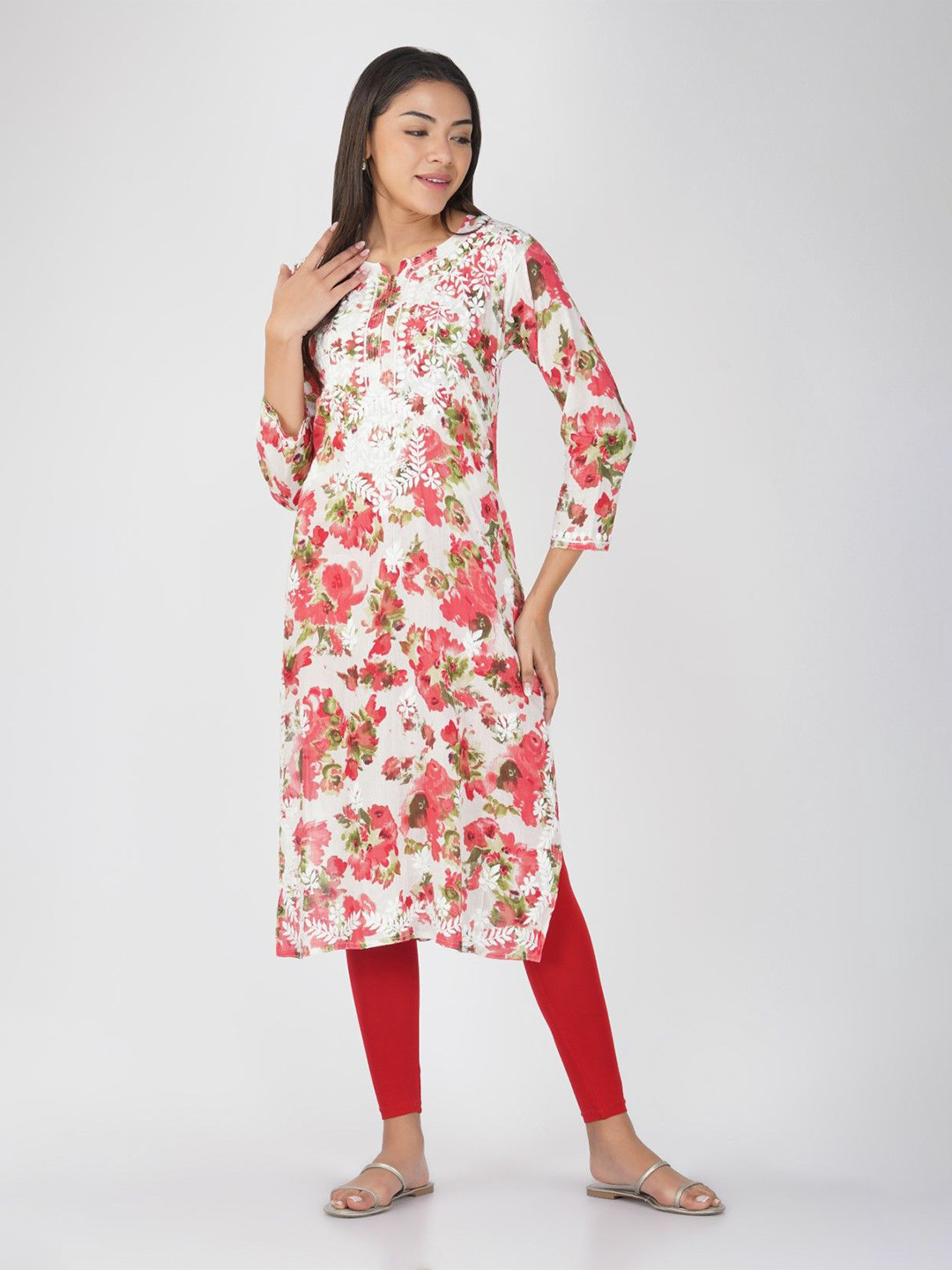 

THE VASILIKI Floral Embroidered Chikankari Pure Cotton Kurta, White