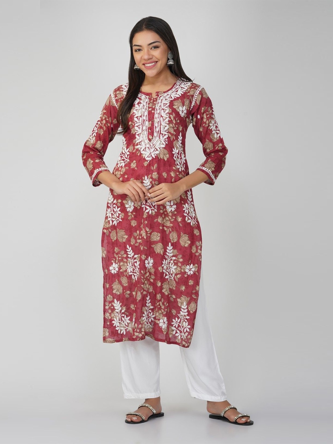 

THE VASILIKI Floral Embroidered Chikankari Pure Cotton Kurta, Red