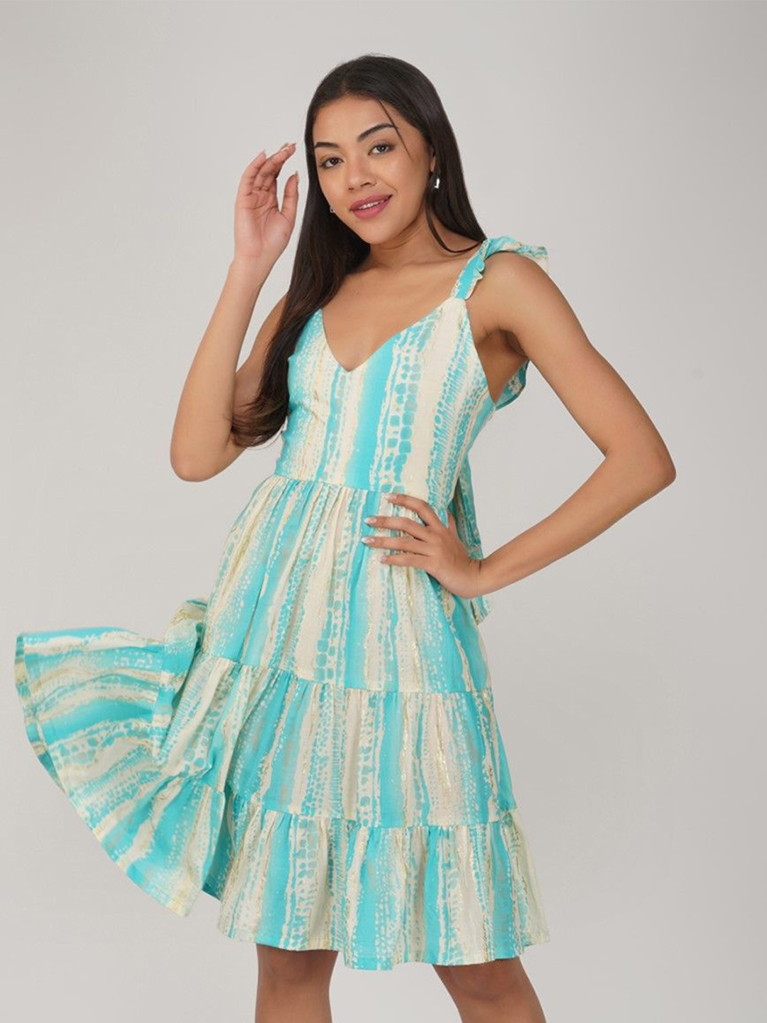 

THE VASILIKI Women Printed V-Neck Fit and Flare Dress, Blue