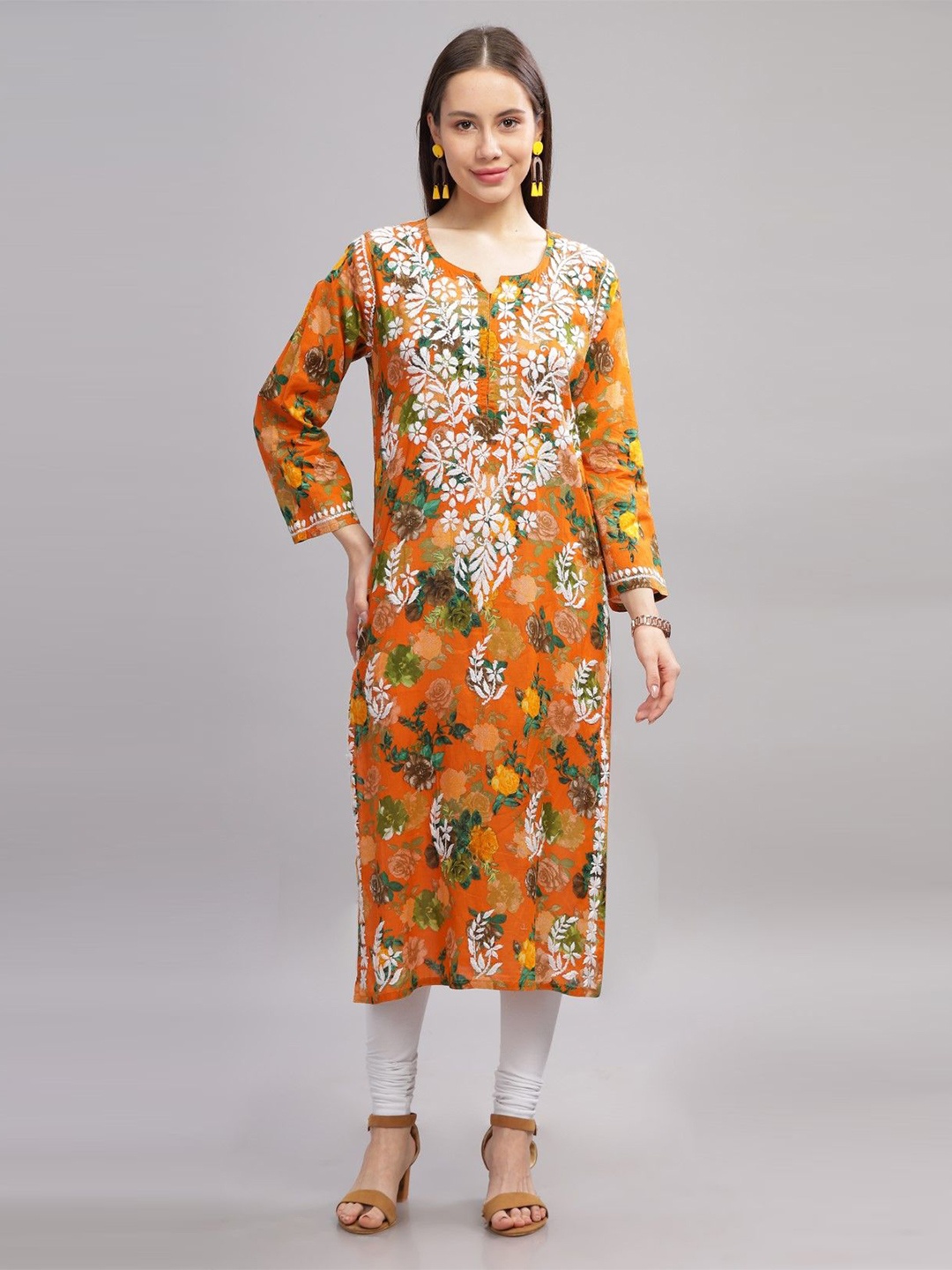 

THE VASILIKI Floral Embroidered Chikankari Pure Cotton Kurta, Orange