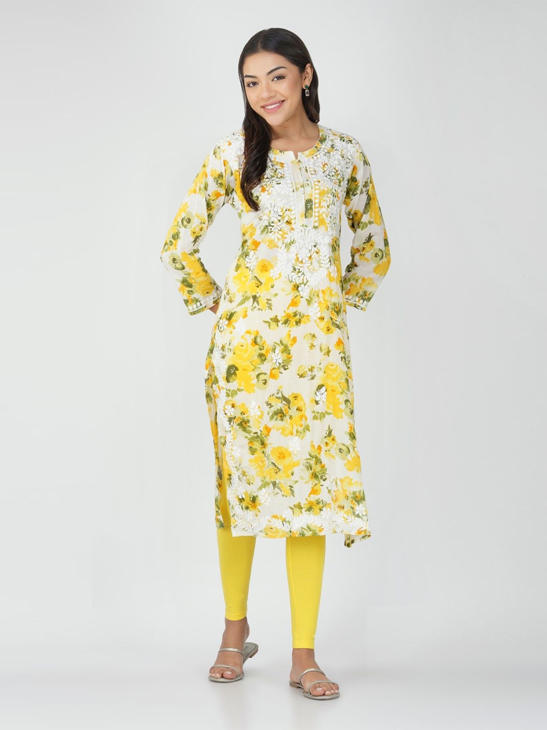 

THE VASILIKI Floral Embroidered Chikankari Pure Cotton Kurta, Yellow