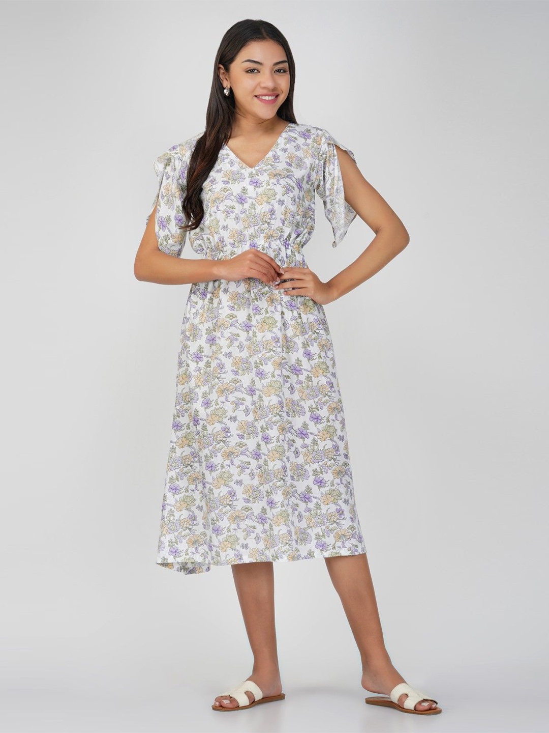 

THE VASILIKI Women Floral Print V-Neck Flutter Sleeve Fit & Flare Midi Dress, White