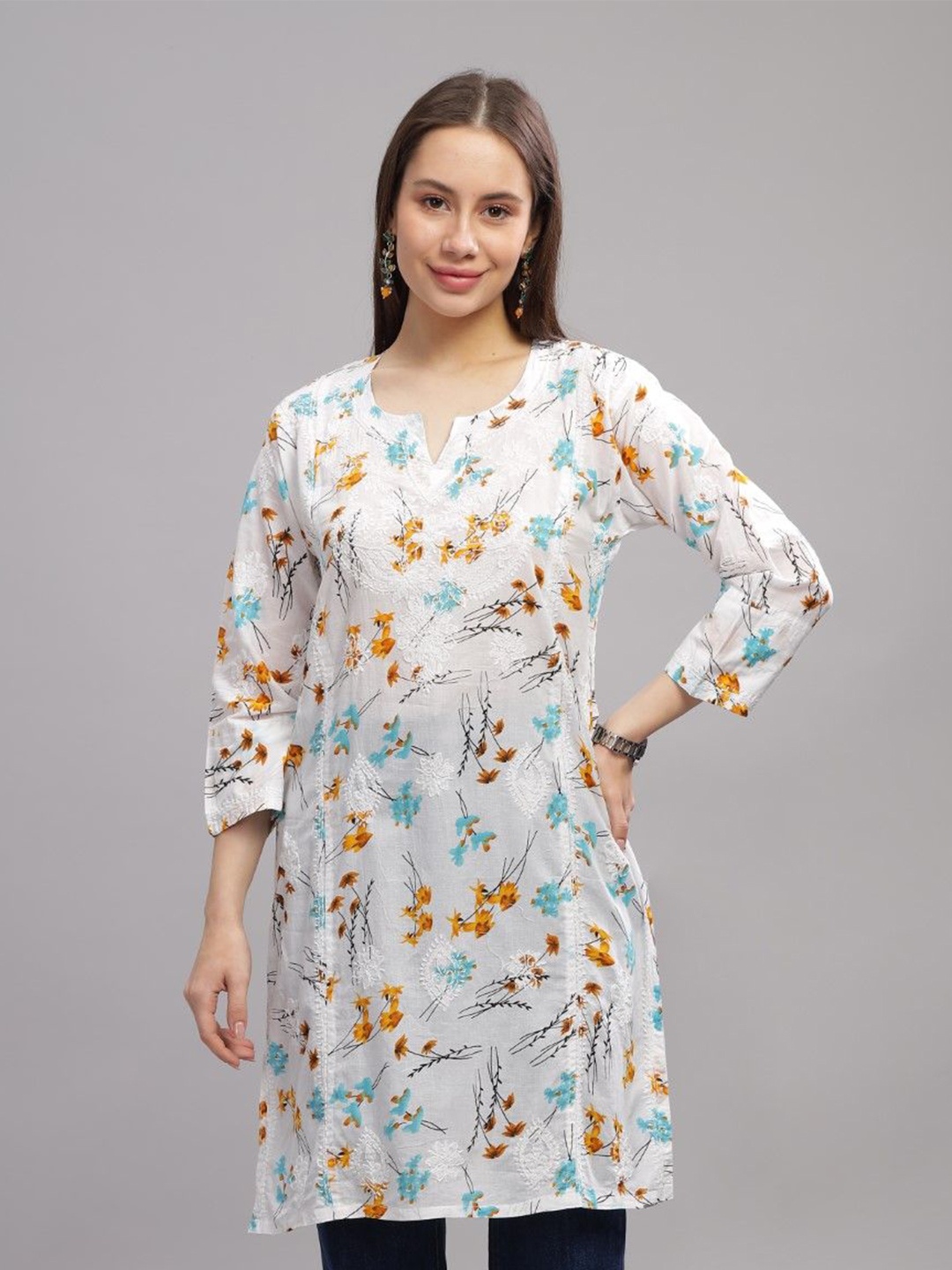 

THE VASILIKI Floral Printed Pure Cotton Chikankari Kurti, White