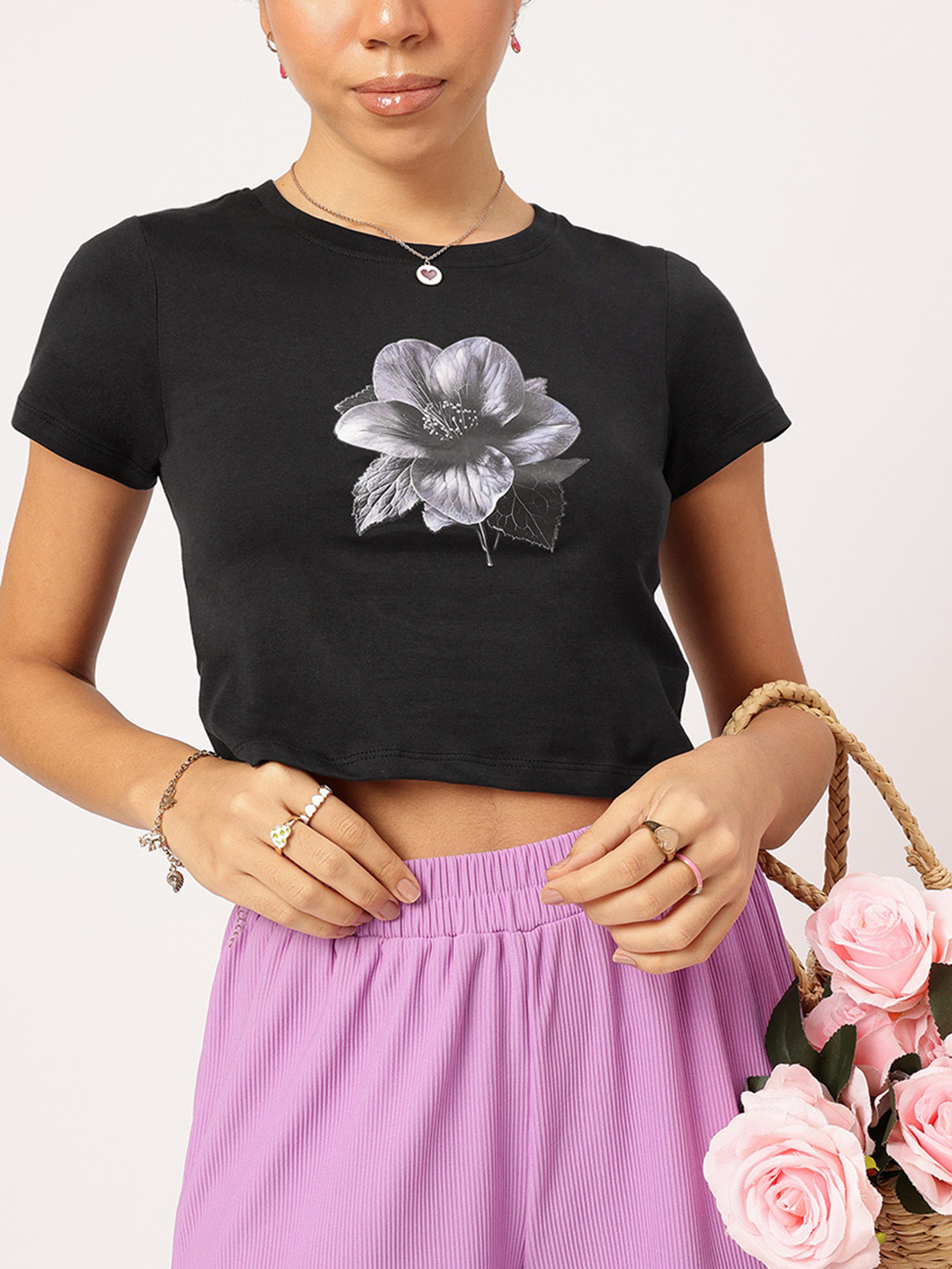 

DressBerry Dark Fantasy Floral Print Crop T-shirt, Black