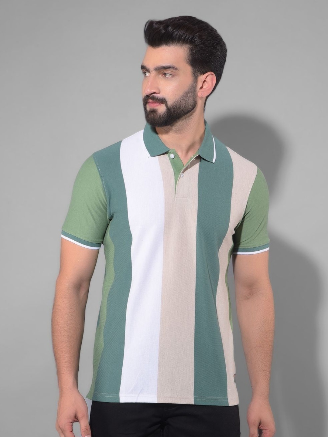 

COBB Men Striped Polo Collar Pockets T-shirt, Green