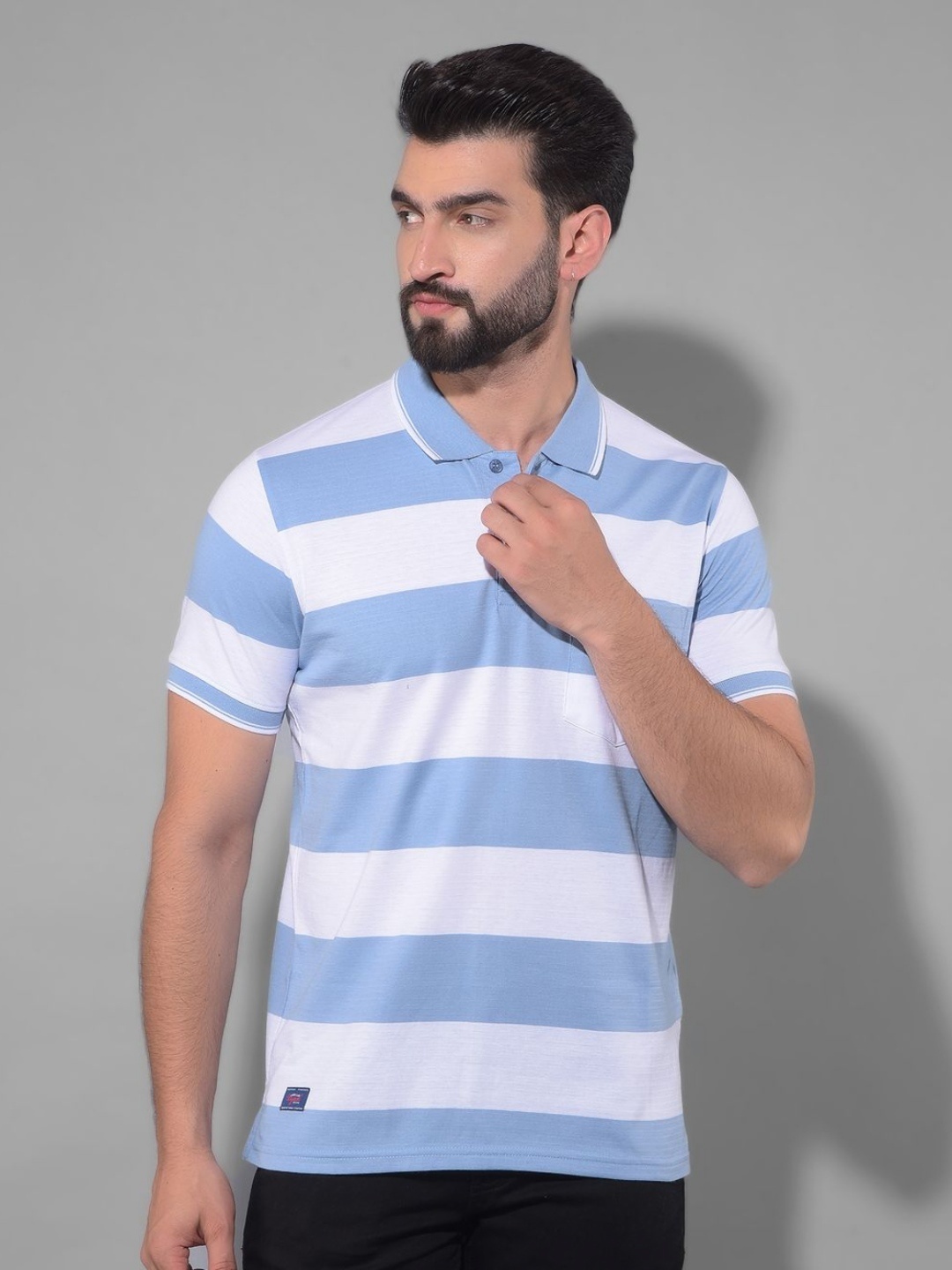 

COBB Men Striped Polo Collar Pockets T-shirt, White