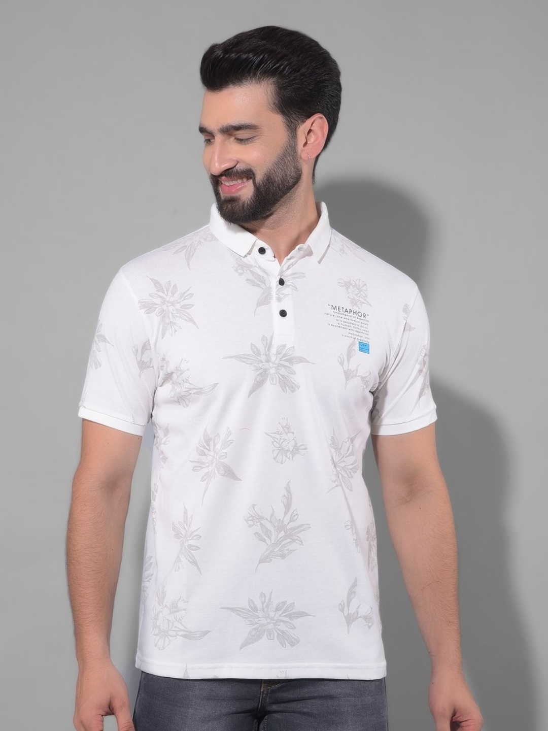 

COBB Men Printed Mandarin Collar T-shirt, Off white
