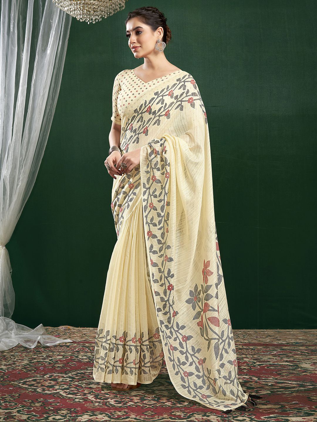 

KALINI Ethnic Motif Pure Linen Saree, Cream