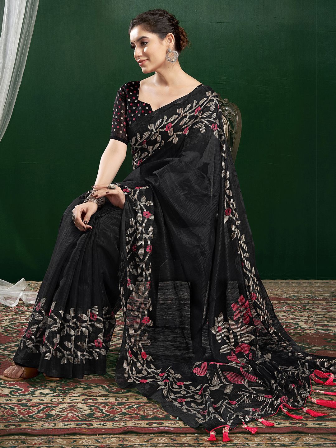 

KALINI Floral Pure Linen Saree, Black