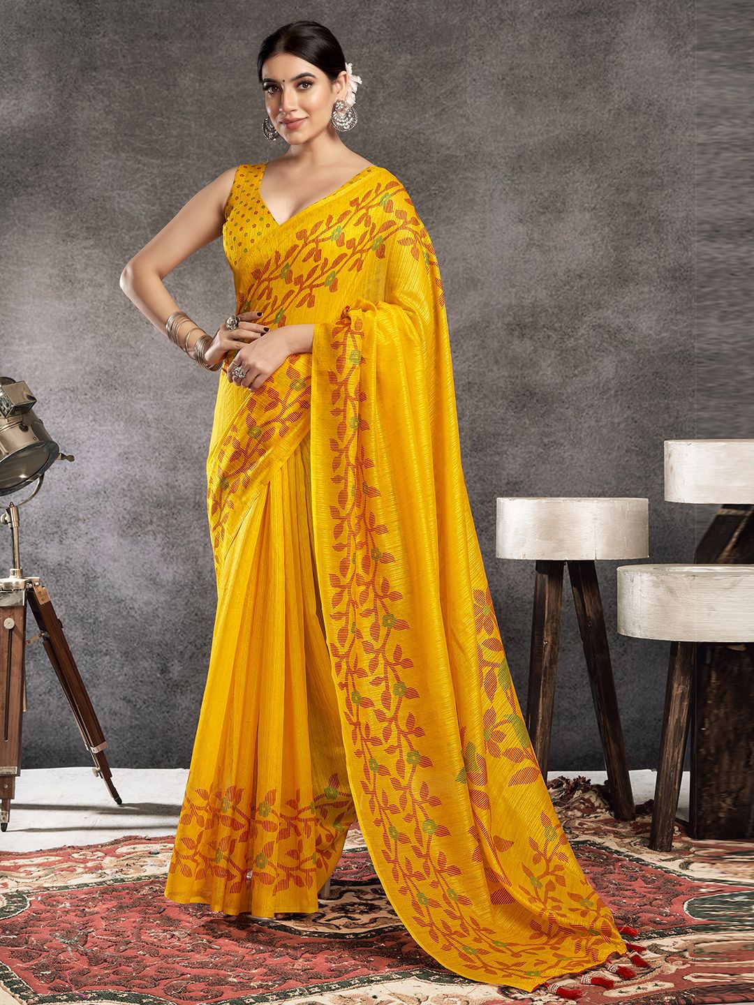 

KALINI Ethnic Motif Pure Linen Saree, Yellow