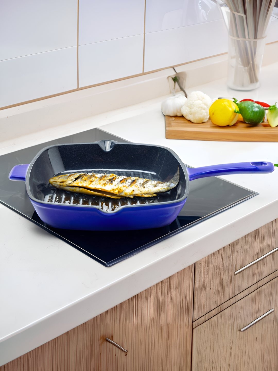 

The Better Home Blue Cast Iron Dishwasher Safe Grill Pan With Long Ergonomic Handle