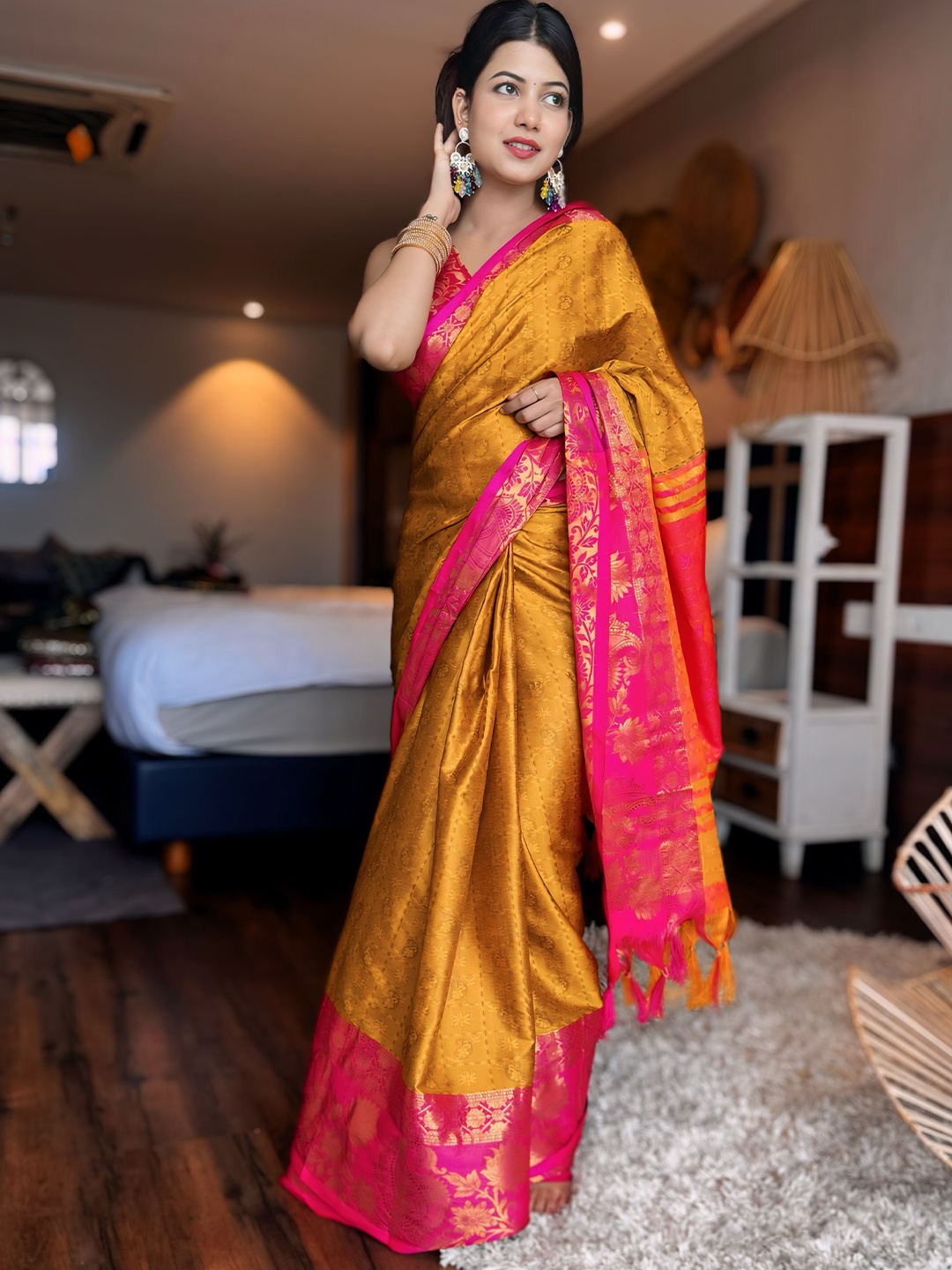 

KALINI Zari Woven Design Tassel Saree, Mustard