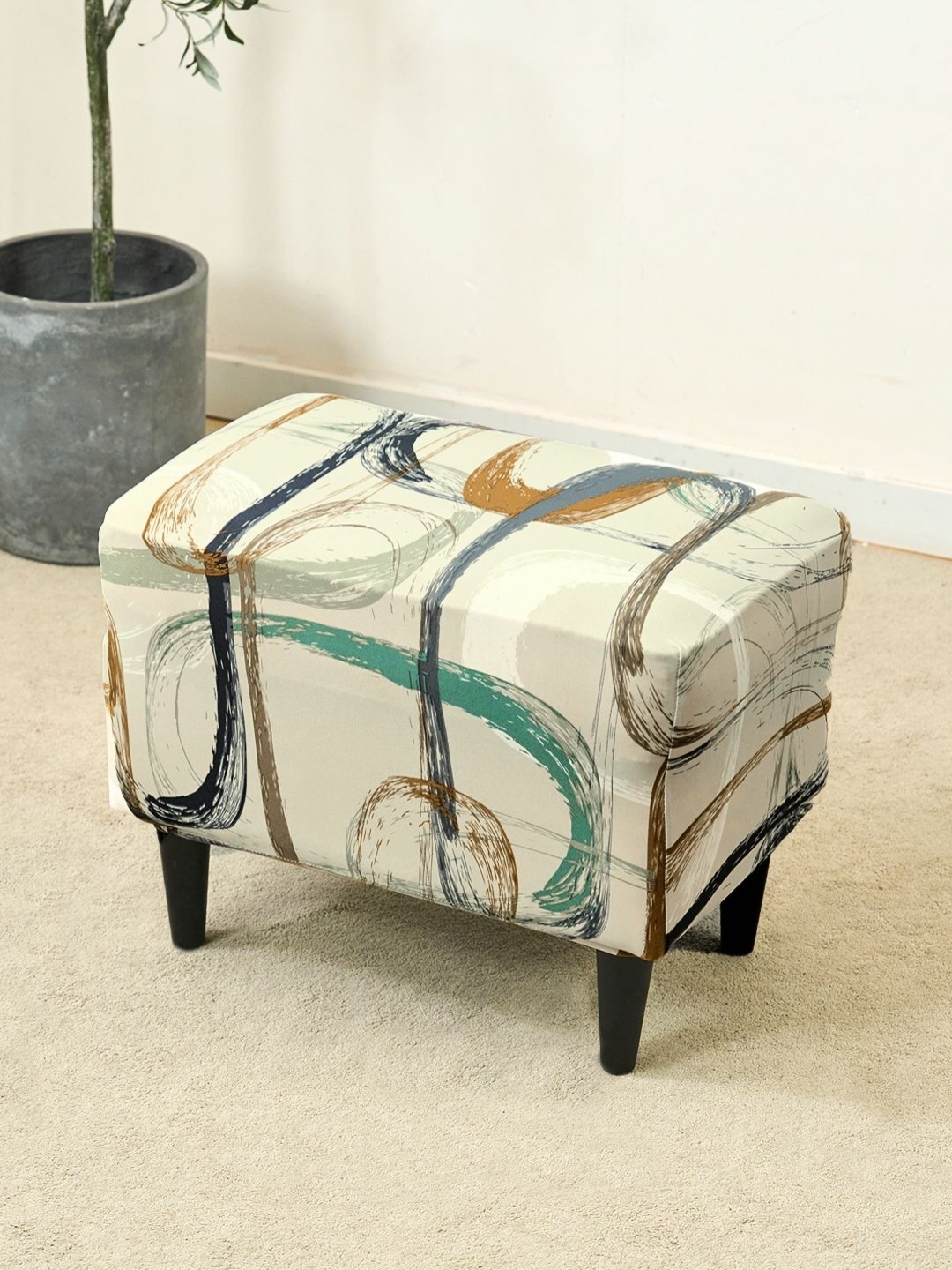 

HOKIPO Beige & Grey Abstract Printed 140GSM Stretchable Foot Stool Cover