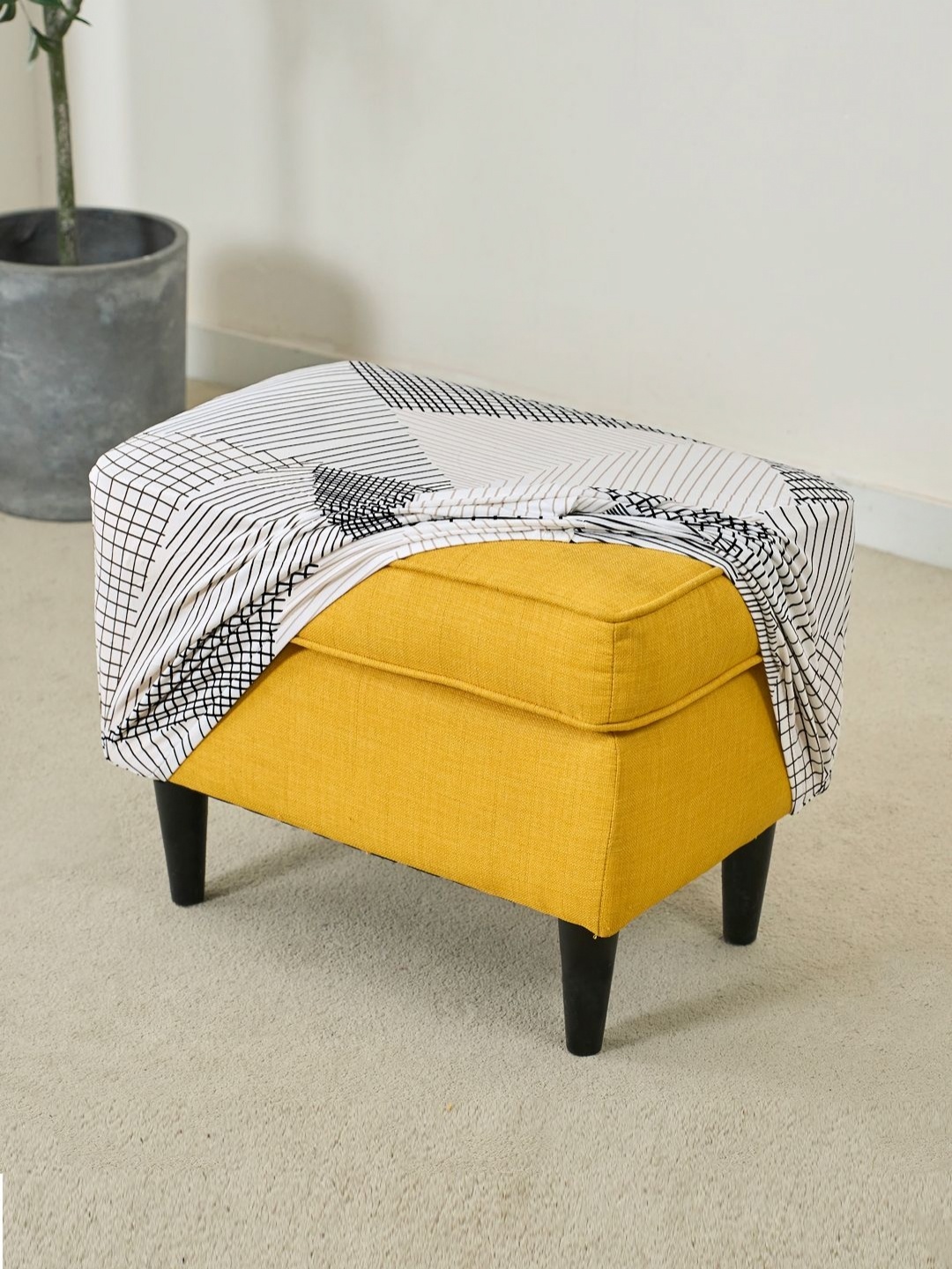 

HOKIPO White & Black Printed 140 GSM Removable Footstool Ottoman Slipcover