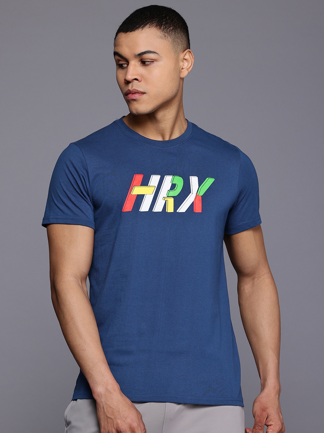 

HRX by Hrithik Roshan Regular-Fit Brand Logo Print T-shirt, Navy blue