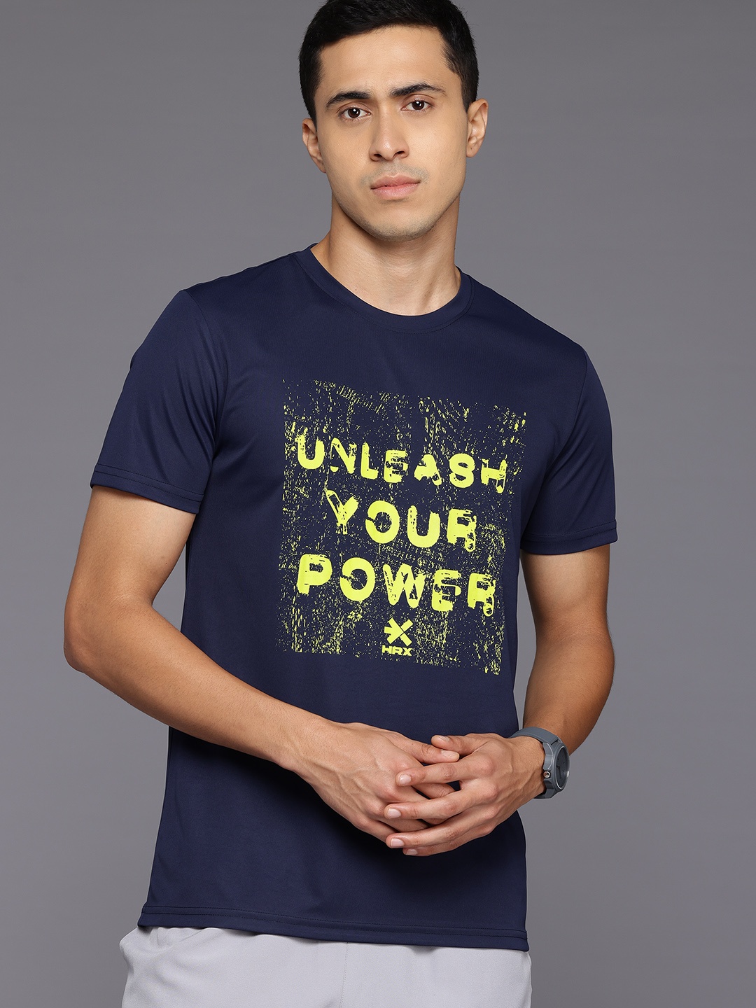

HRX by Hrithik Roshan Rapid-Dry Brand Logo Printed Training T-shirt, Navy blue