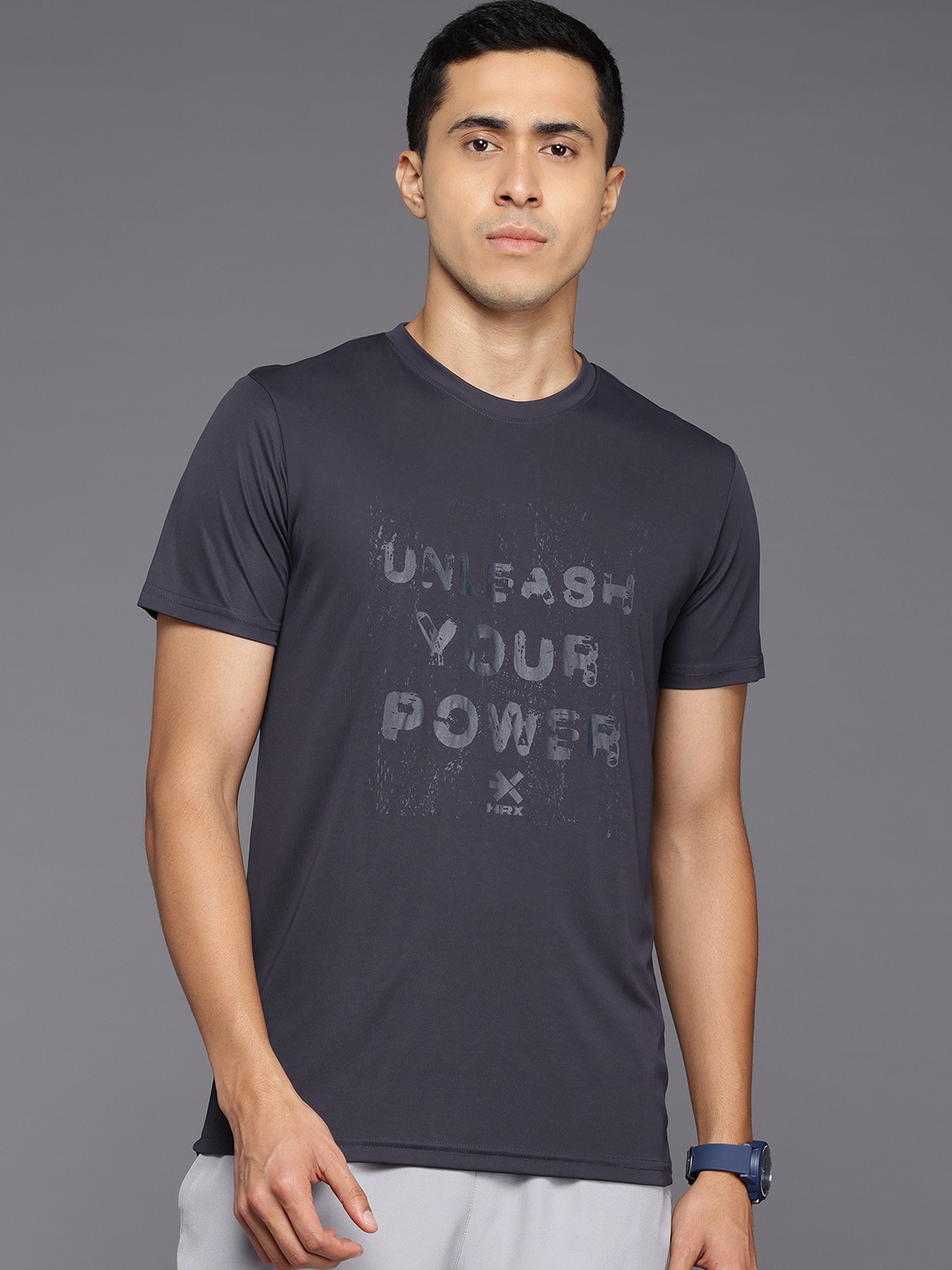 

HRX by Hrithik Roshan Rapid-Dry Brand Logo Printed Training T-shirt, Charcoal