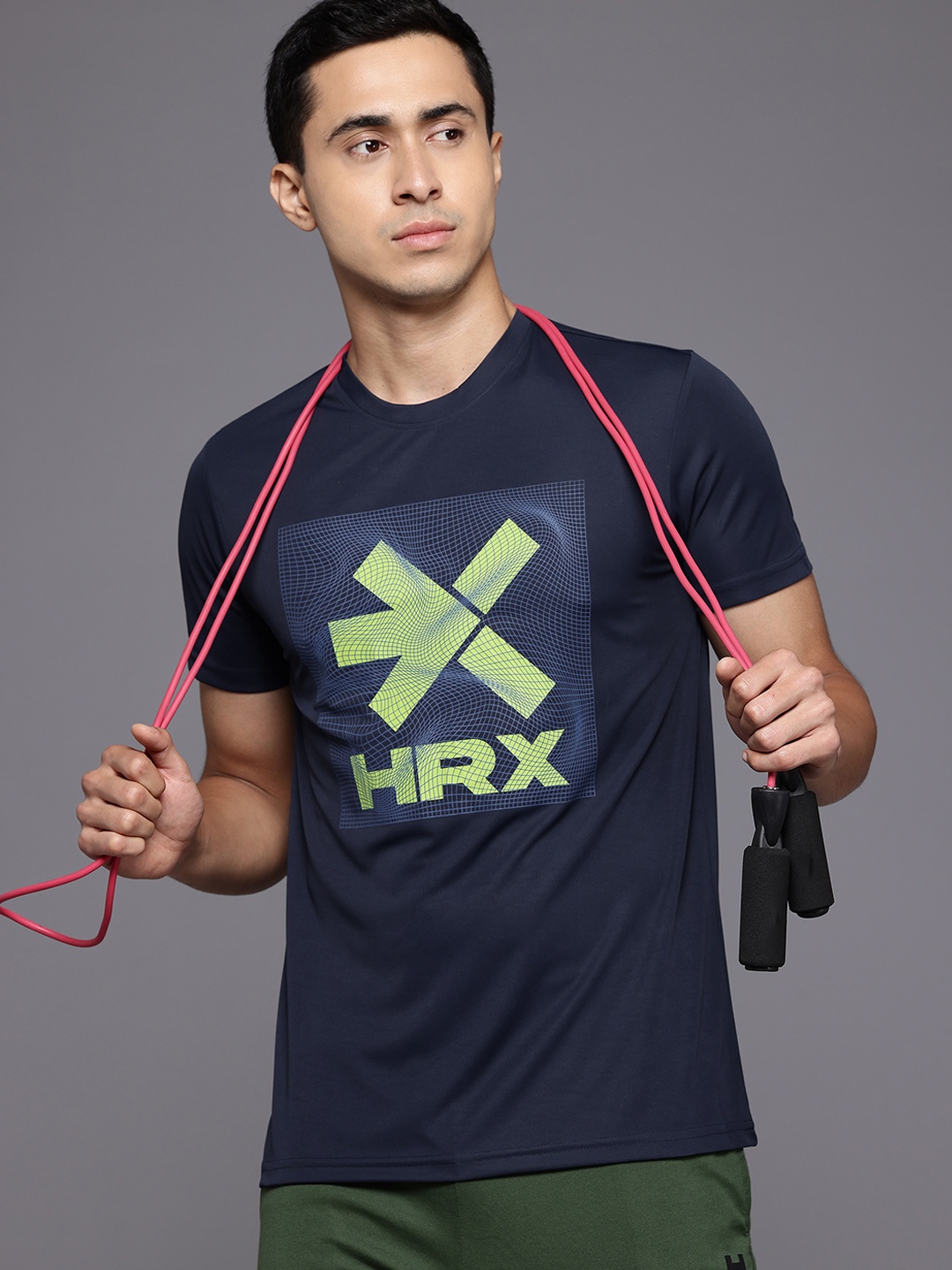 

HRX by Hrithik Roshan Brand Logo Print Rapid-Dry Training T-shirt, Navy blue