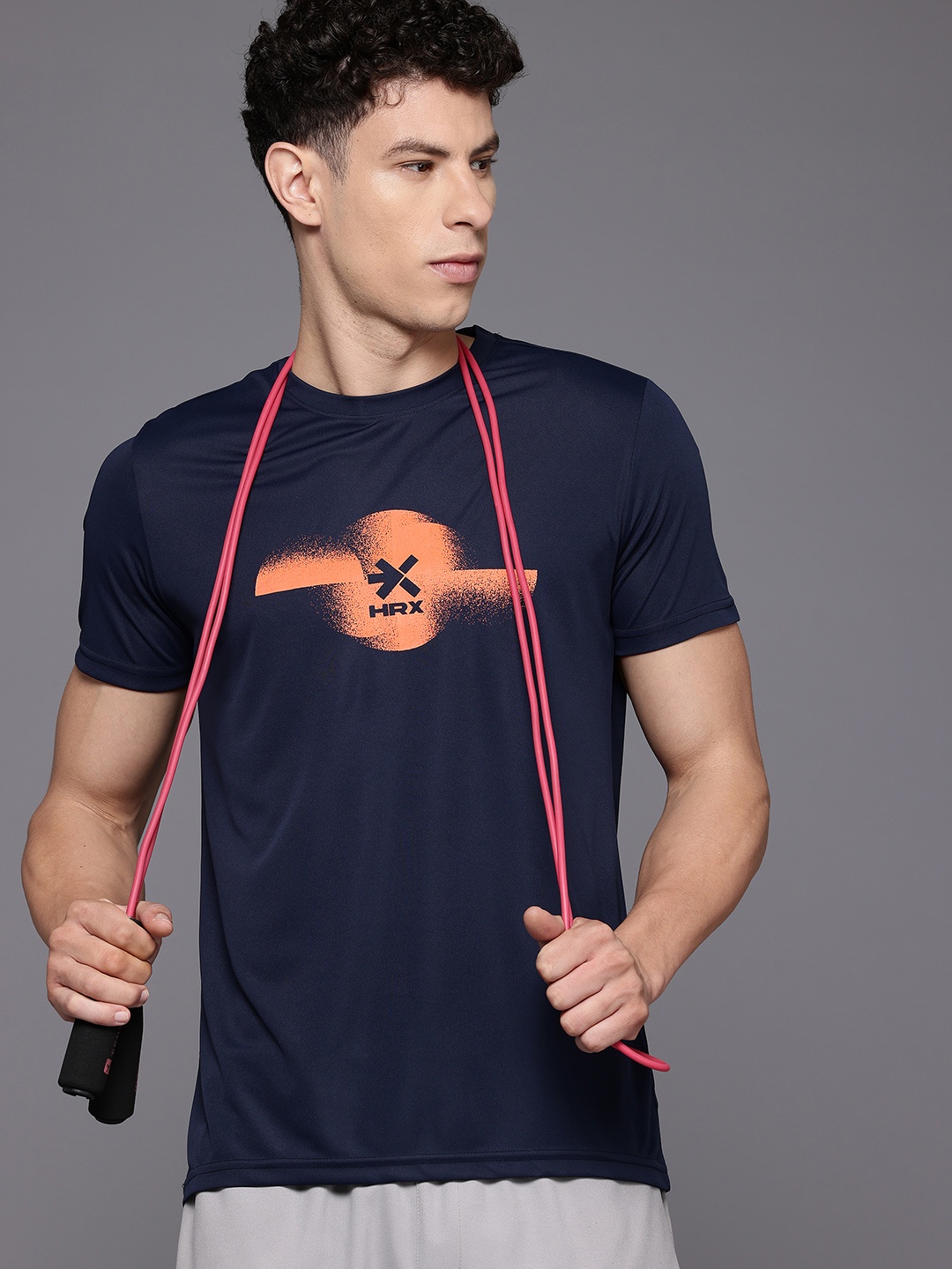 

HRX by Hrithik Roshan Rapid-Dry Brand Logo Printed Training T-shirt, Navy blue