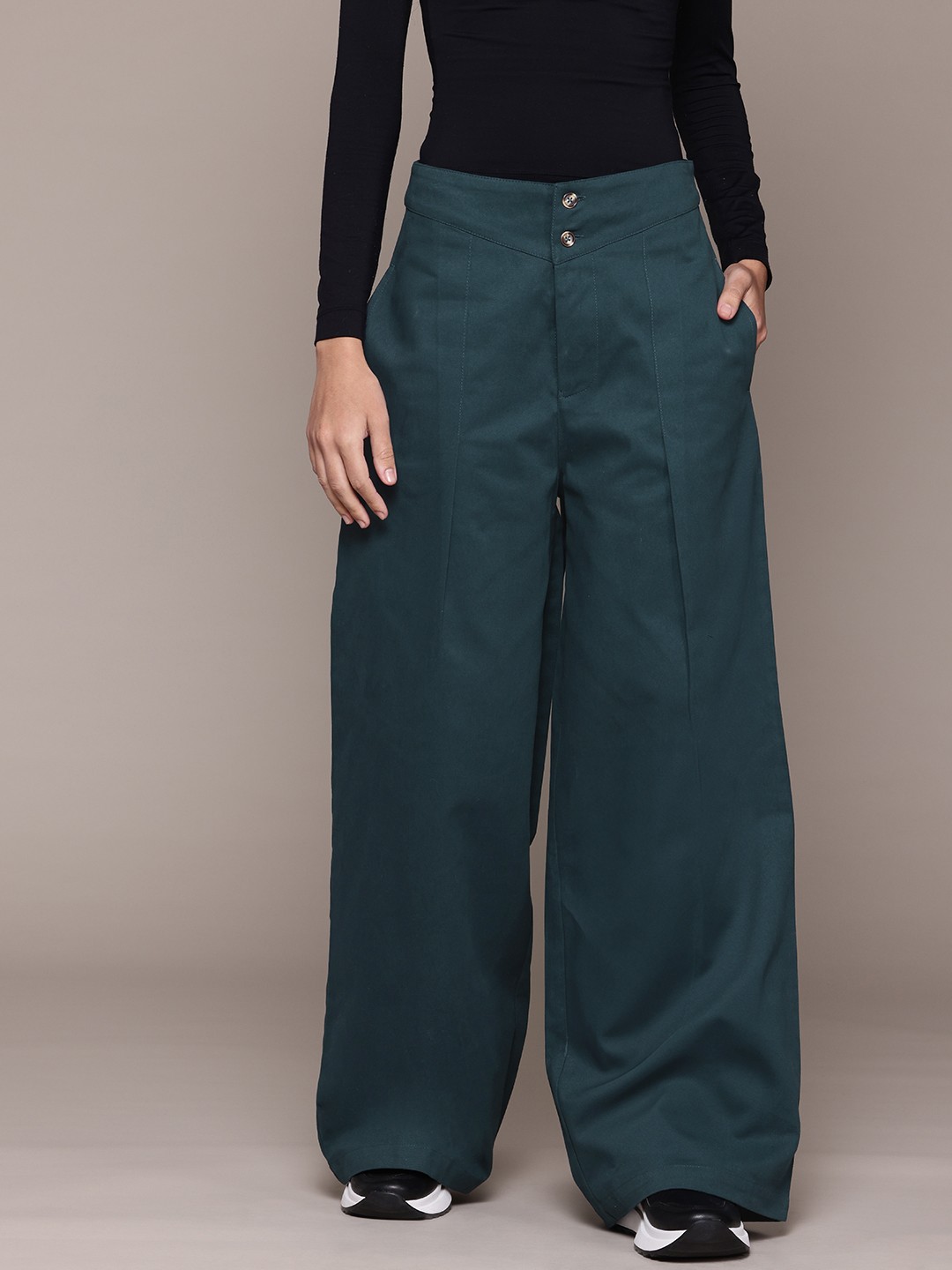 

The Roadster Lifestyle Co. Women Pure Cotton Pleated Wide Leg Trousers, Green
